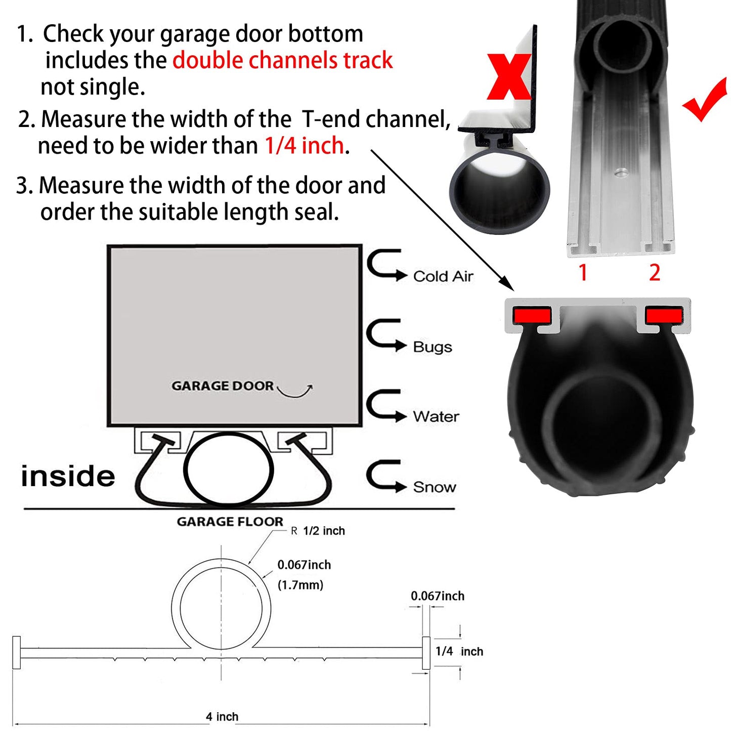 BOWSEN Garage Door Bottom Seals Weatherproof Weatherstrip Threshold Buffering Sealing High Performance EPDM Rubber Weather Resistance Gasket Black 1/4 Inch T-End,10ft Long