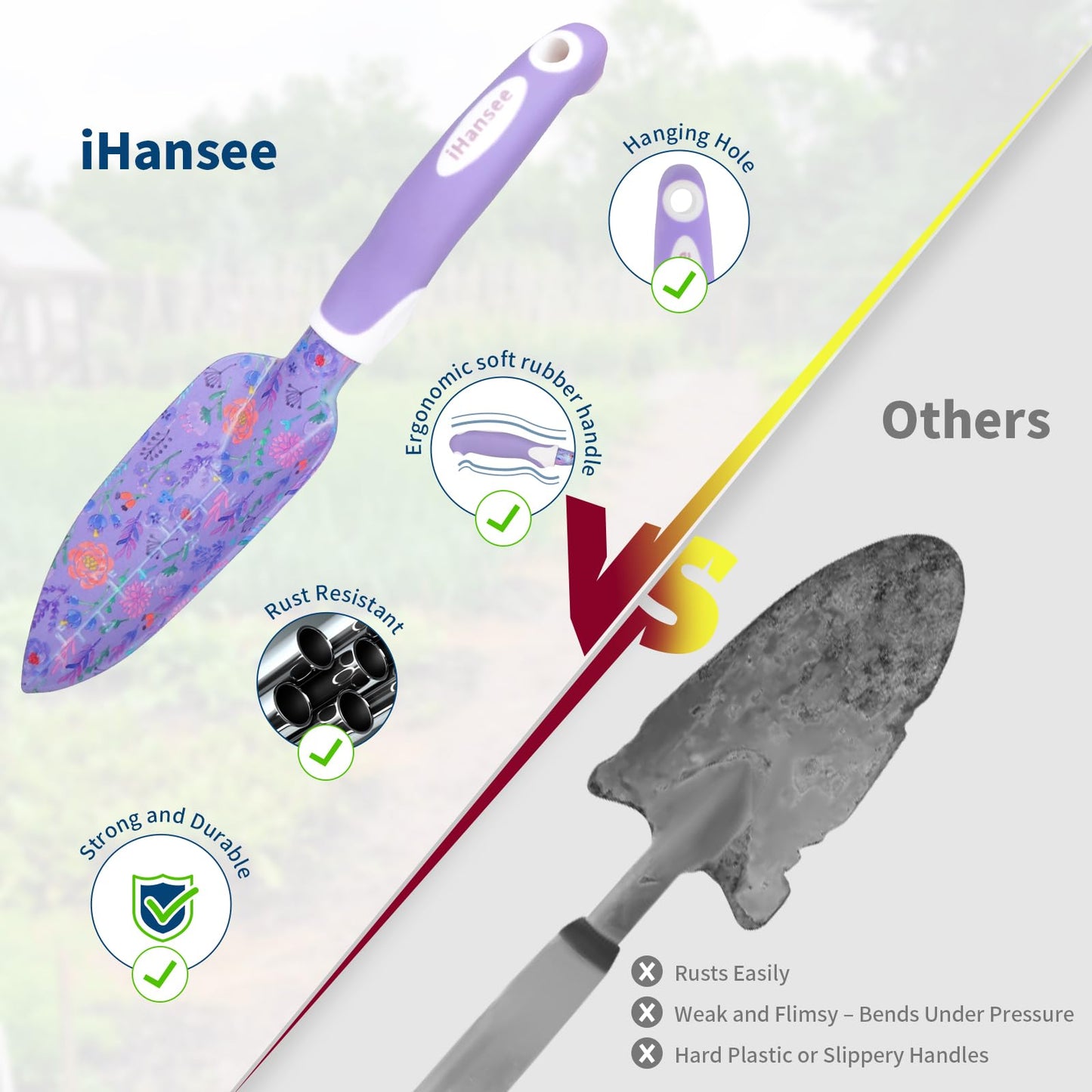 iHansee Purple Garden Tools 10-Piece, Heavy Duty Gardening Tools Set with Non-Slip Ergonomic Handle, Flower Print Garden Tool Bag, Gardening Gifts for Women, Plant Lover Gifts for Mom Grandma