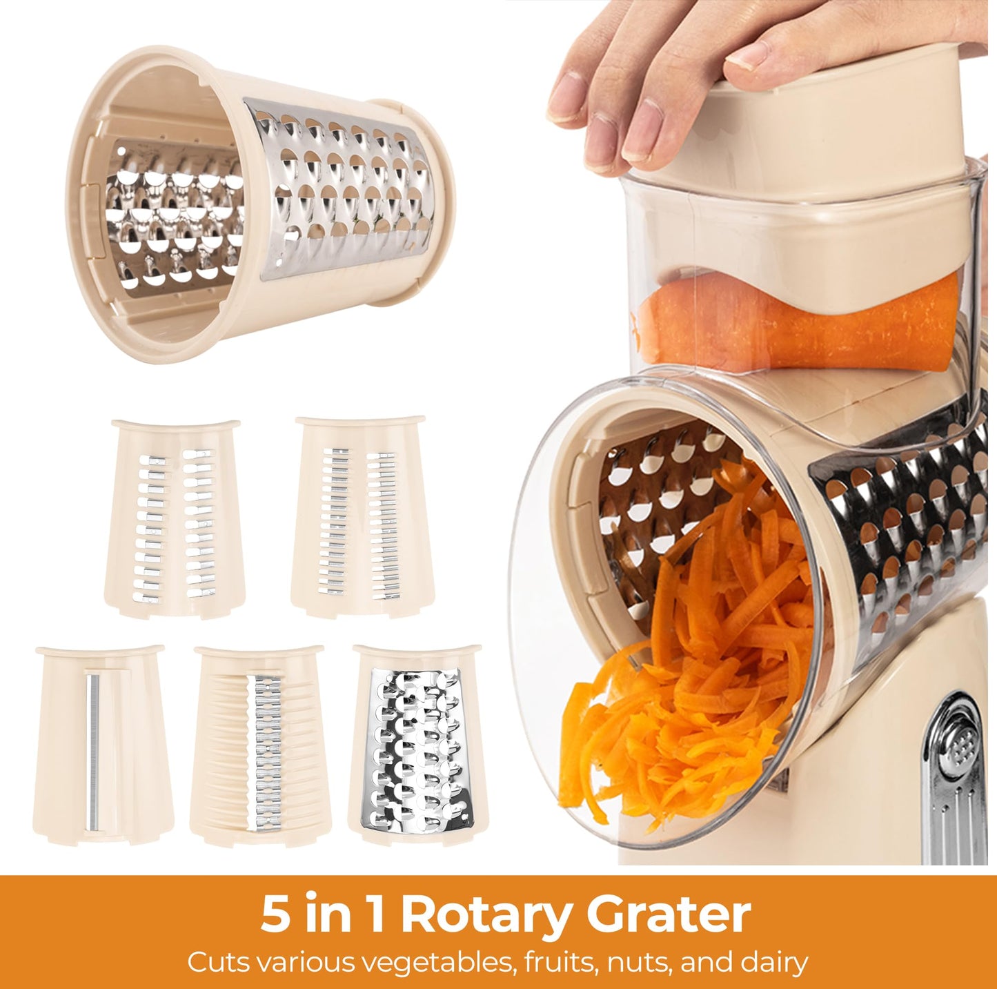 SUSTEAS Rotary Cheese Grater Hand Crank, 5-in-1 Vegetable Shredder, Including Non-Slip Suction Base, Easy to Clean and Use, Kitchen Shredder for Cheese, Cabbage, Carrots, Nuts | Beige