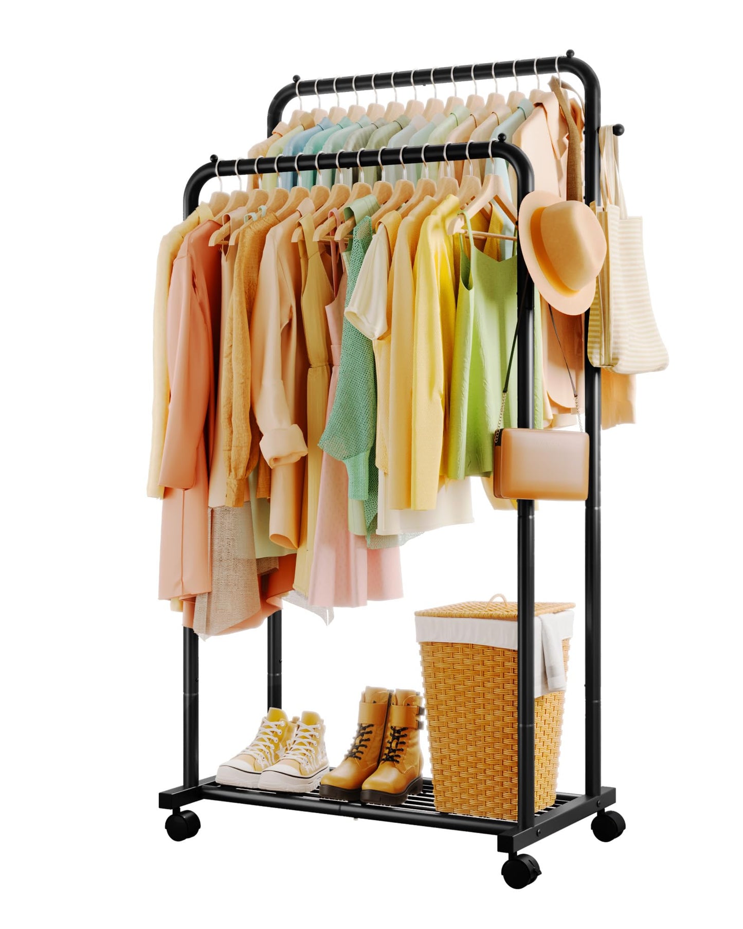 Sakugi Clothing Rack - Double-Rod Coat Rack with Hooks & 4 Universal Wheels, Movable Metal Clothes Rack with Mesh Shelf for Clothes Storage, 73 x 42 x 150 cm, Black