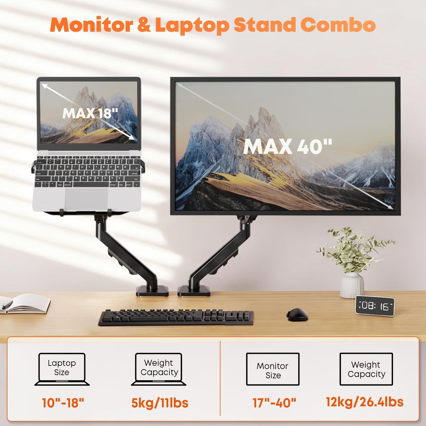 PUTORSEN Laptop Arm Mount for Desk, Fits Max 18'' Notebook and 17-40'' Monitor, Monitor Mount with Adjustable Laptop Tray, Holds up to 26.4lbs, VESA 75/100mm