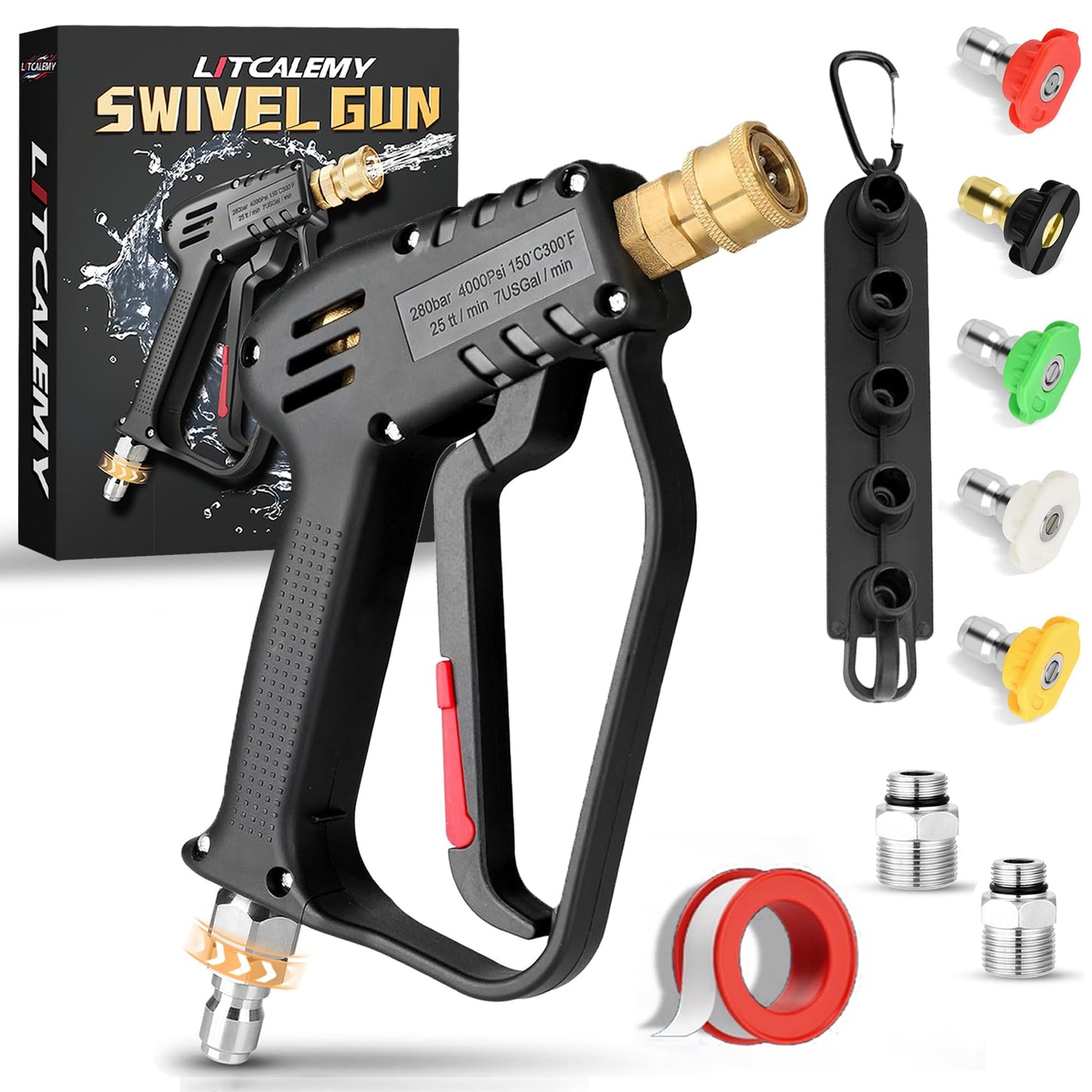 Pressure Washer Short Gun with Swivel - 3/8" Male Plug and 1/4” Quick Connector Coupler - Power Washer Set, High Pressure Water Handle, Car Wash Foam Gun Compatible with Foam Cannon (With Nozzles Set)