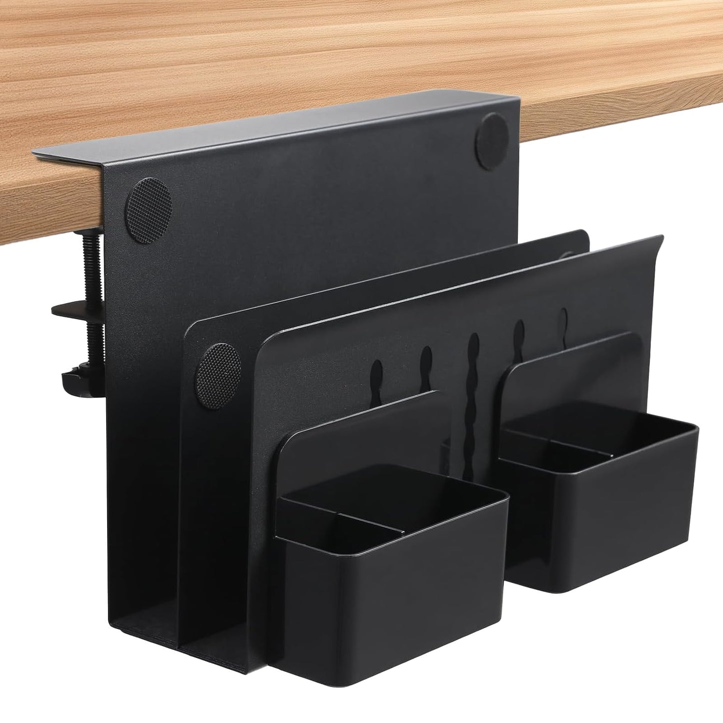 Desk Side Storage, Under Desk Laptop Mount, 2-Tier Table Side Hanging File Organizer, No Drill Clamp On Cable Management Tray, Laptop Holder with Magnetic Pen Holder for Office and Home, Load 22 Lbs