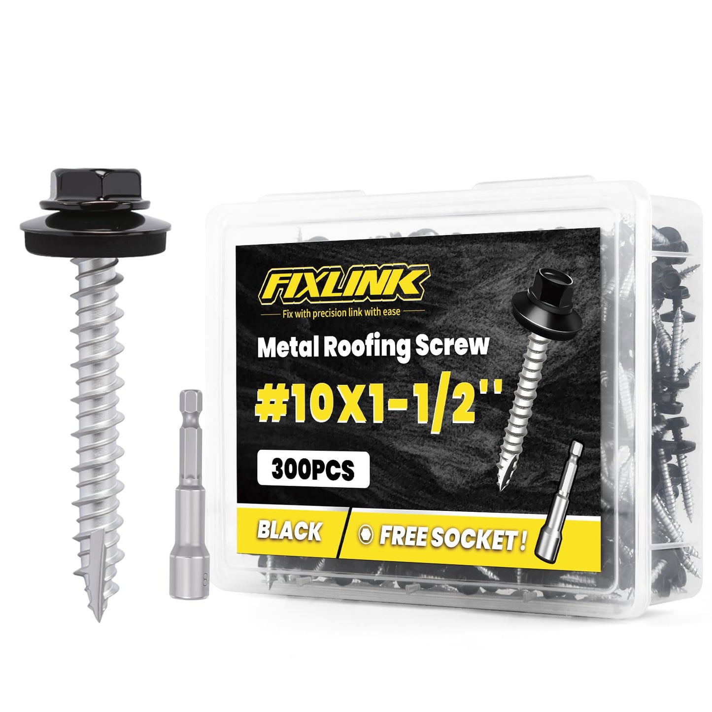 Metal Roofing Screws #10 x 1-1/2", 300 PCS, FIXLINK Baking Paint Hex Head Rubber Washer Sheet Metal Roof Screws Self Tapping Metal to Wood Siding Screws, Hex Socket Included, Black