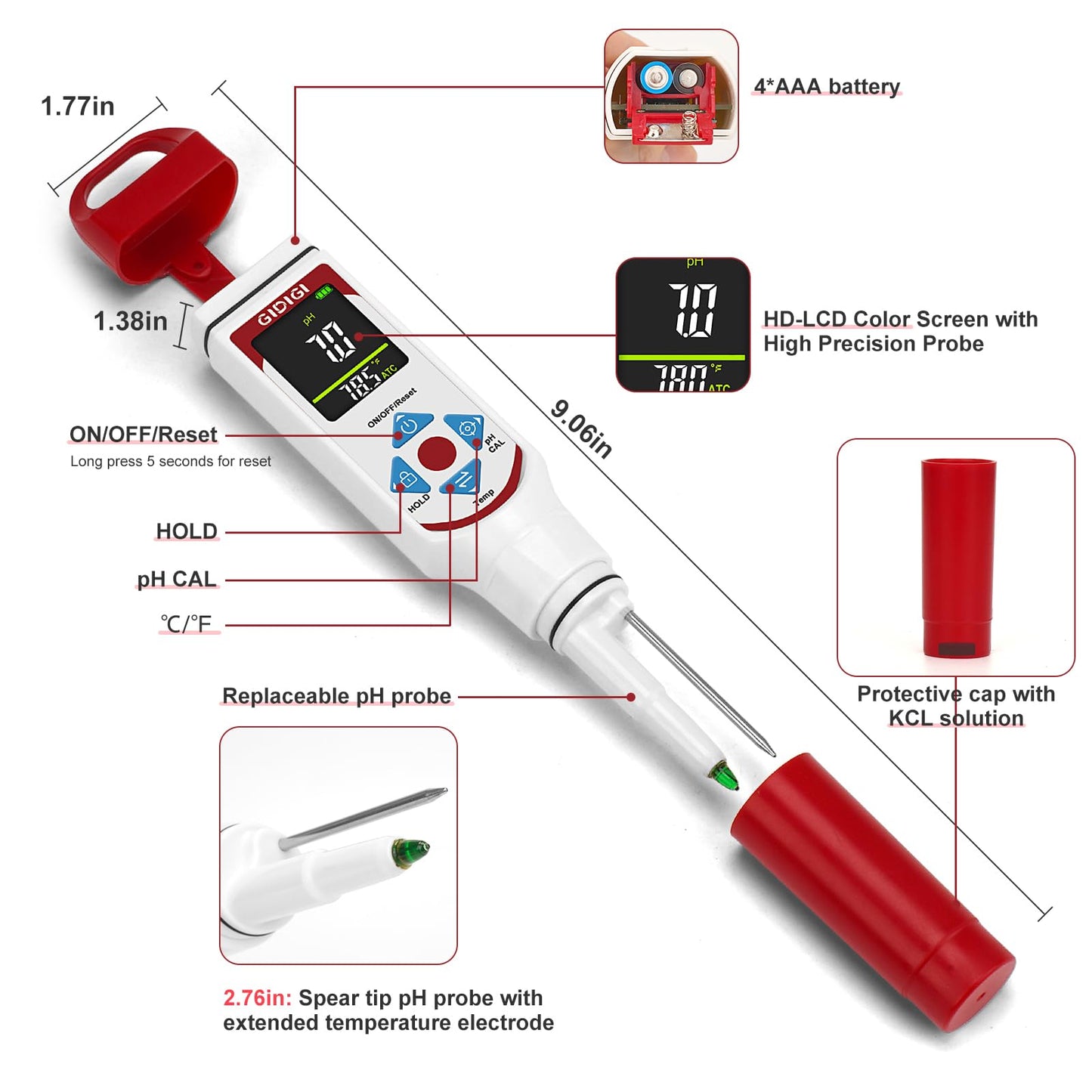 GIDIGI Digital pH Meter for Food Professional pH Meter for Fermentation with pH Calibration Kits (4.00/7.00/10.01) Spear Tip pH Food Tester Probe for Cheese Sourdough pH Test Strips for Food Acidity