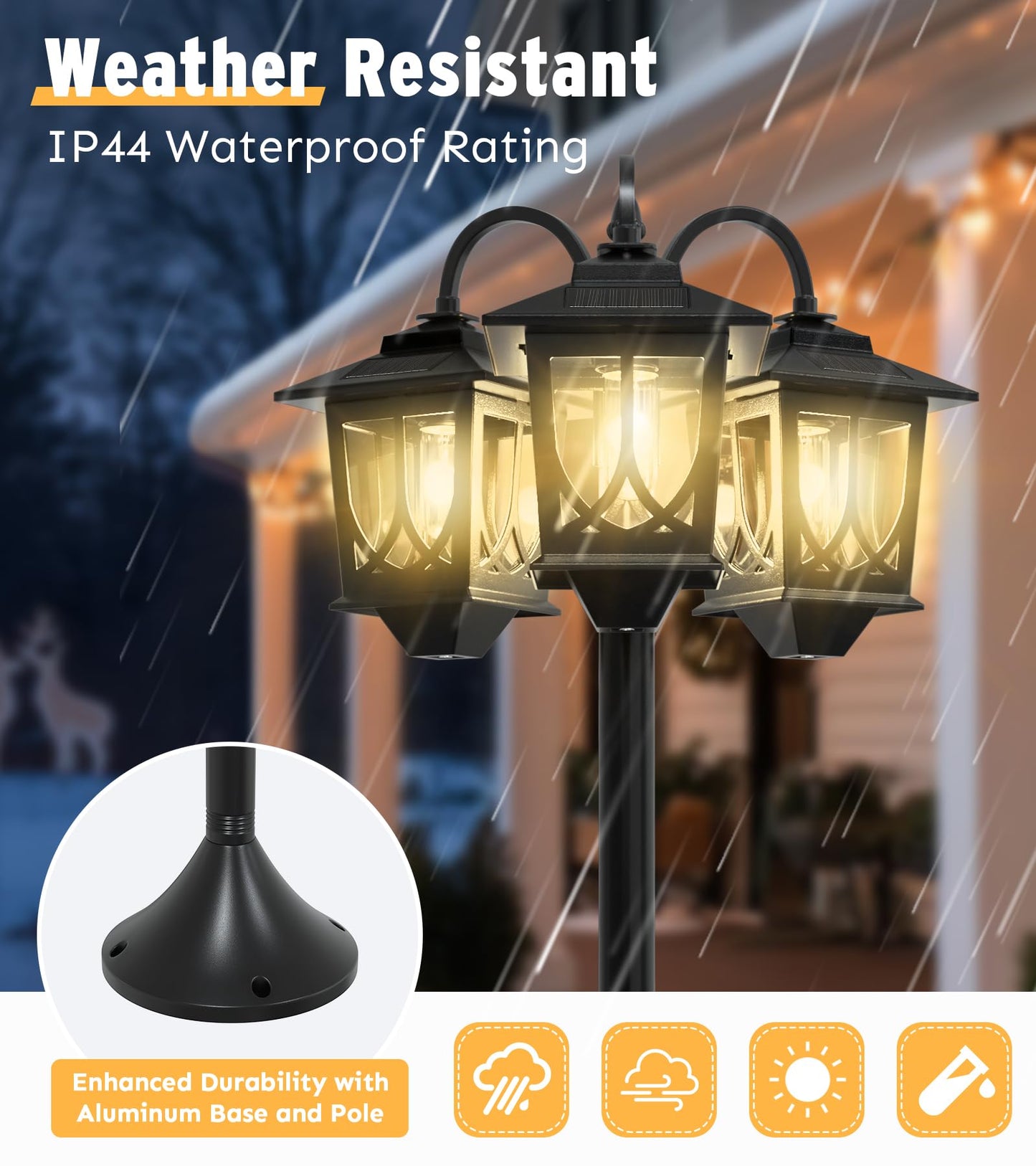 73" Aluminum Solar Lamp Post Light, 3-Head Solar Light Posts for Outside Waterproof, 90Lm Outdoor Lamps for Patio, Backyard, Front Porch Decor, Warm White, Replaceable Bulb