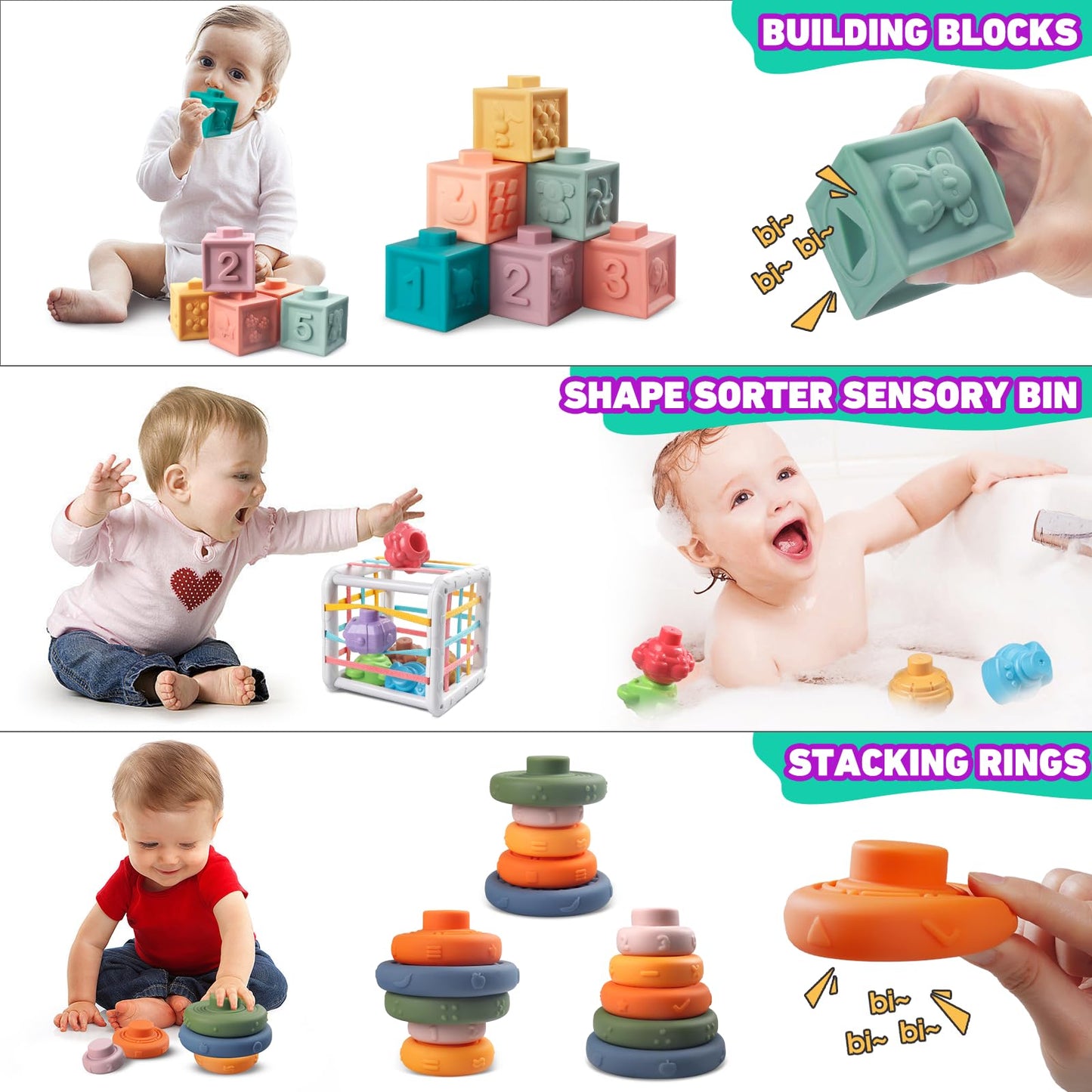 6 in 1 Montessori Toy for Baby 6-12-18 Months, Soft Stacking Building Blocks Infant Baby Teething & Sensory Toys for Toddlers 1-3 Year Old Boy Girl Gift