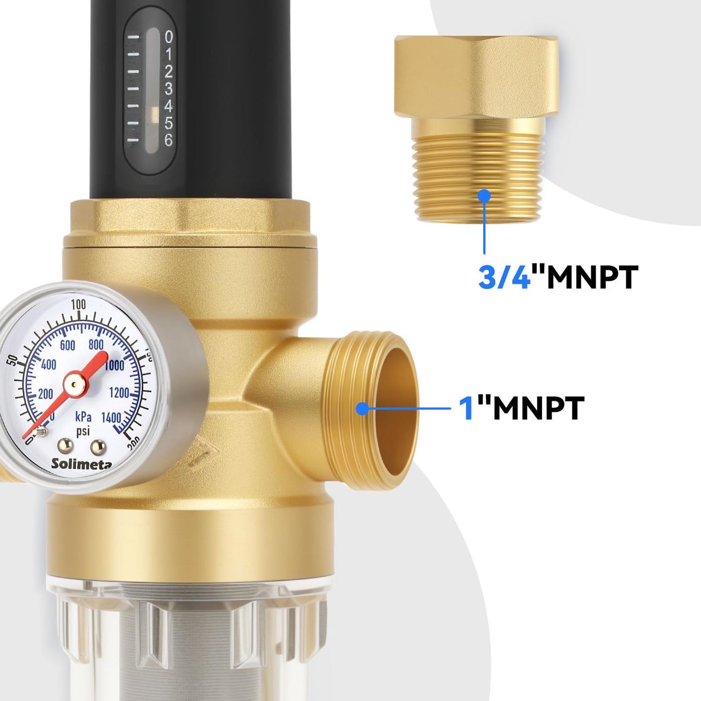 Solimeta Spin Down Sediment Filter with Pressure Reducer and Pressure Gauge, 50/100 Micron Precision, 3/4" NPT
