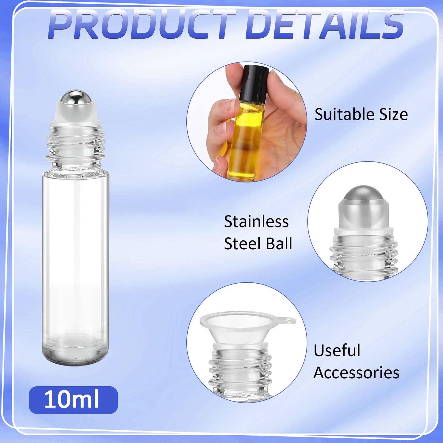 50 Pcs Essential Oil Roller Bottles, 10ml Empty Glass Roll on Bottle with Stainless Steel Applicator, Refillable Perfume Containers for Women Girls Travel, Wedding Baby Shower Party Gifts - Clear