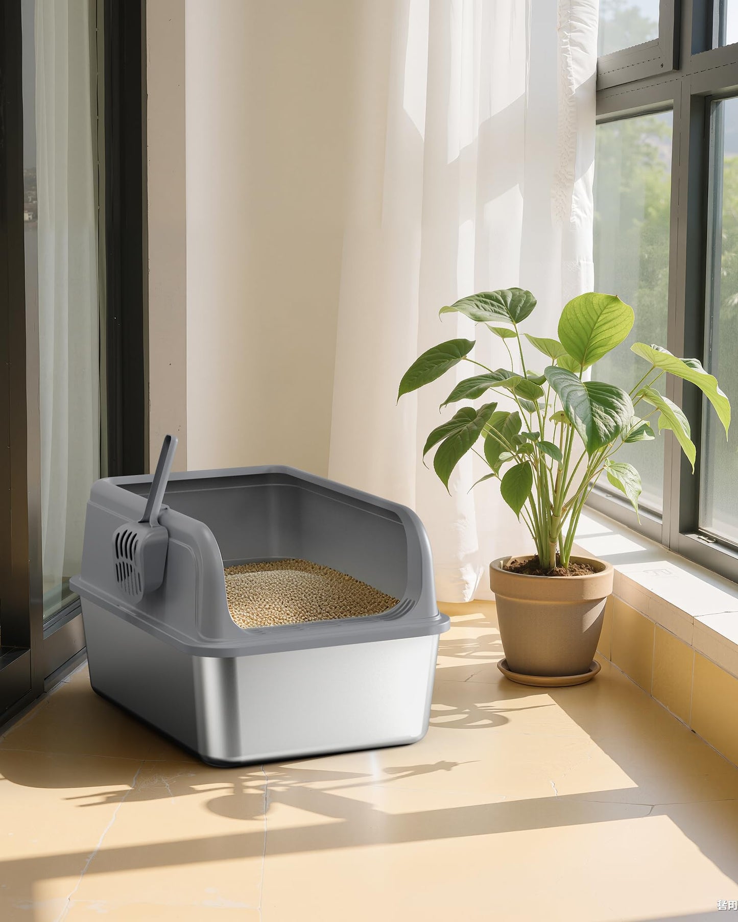 Powools Stainless Steel Cat Litter Box, Metal Kitty Litter Box with Scoop, Anti-Leakage Top Entry, Non-Sticky, Easy to Clean, Grey, L (1 Pack)