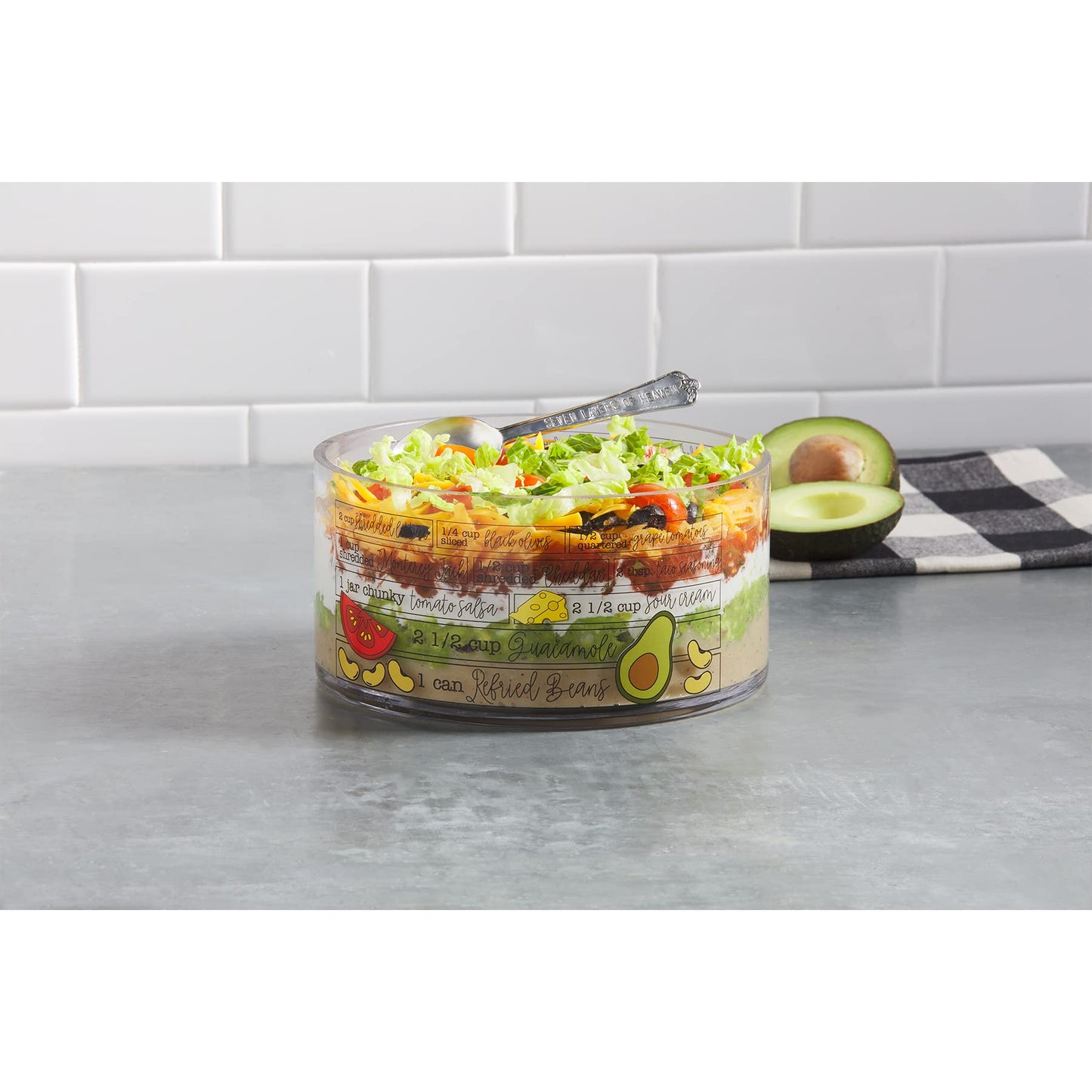 Mud Pie Glass Ingredients Bowl Set, 7 Layer Dip, bowl4" x 8" dia | spoon 6"
