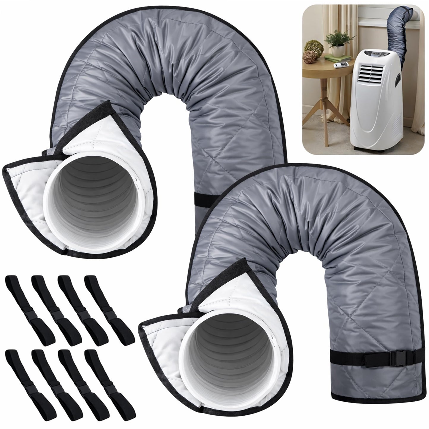 Tlswshsy 2 Set Quilting Air Conditioner Hose Cover, AC Insulated Hose Cover Wrap with 8 Adjustable Buckle Straps, Portable Air Conditioner Hoses Sleeve for 5''-5.9" Diameter Exhaust Duct Vent (Grey)