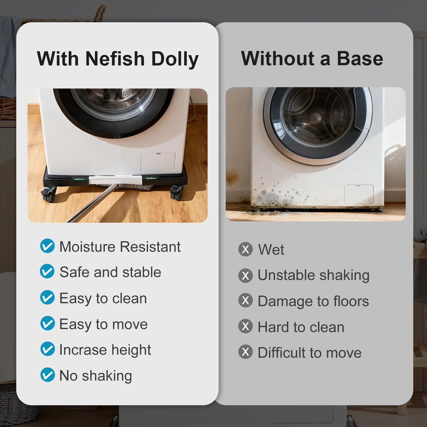 Nefish Furniture Dolly Adjustable Mini Fridge Stand Washing Machine Stand Mobile Roller with 4 Locking Swivel Wheels Universal Mobile Base Moving Cart for Dryer Refrigerator