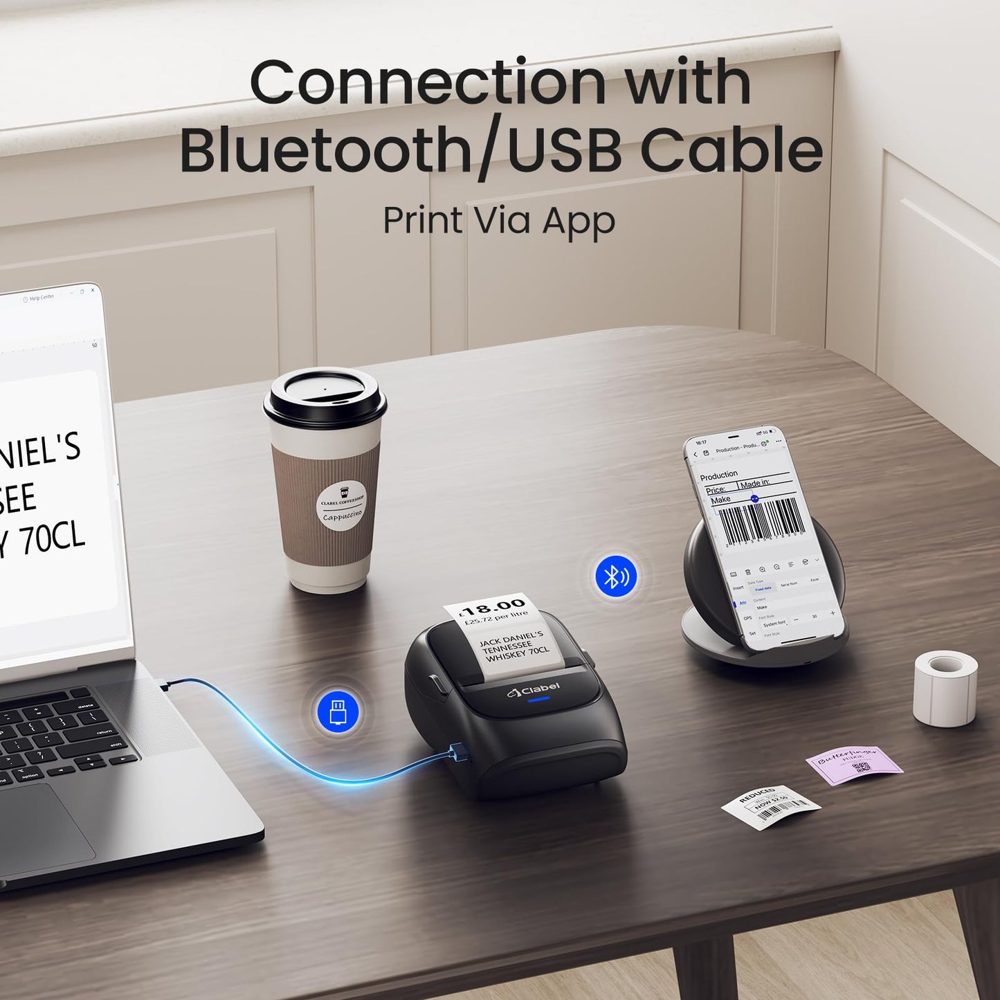 CLABEL Label Maker Machine with Tape: 221B Inkless Label Printer Handheld Barcode Printer Compatible with Phone & PC for Retail School Office Organization Label Makers with APP