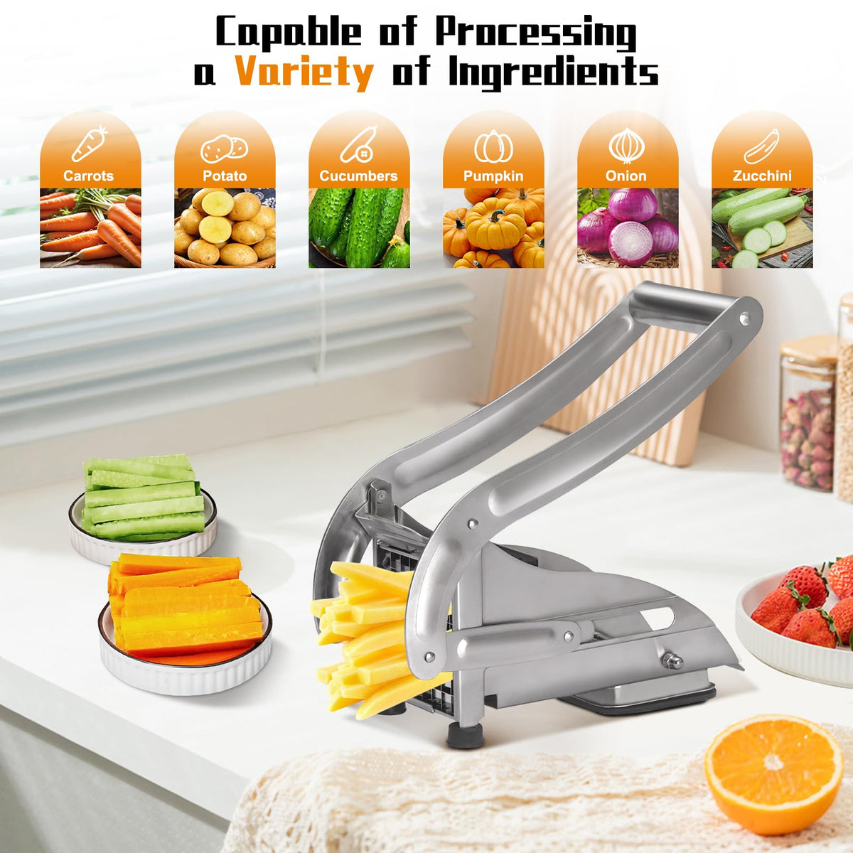 French Fry Cutter, Stainless Steel Potato Cutter, Potato Slicer, Includes 2 Blade Size Cutter Options and No-Slip Suction Base, Perfect for use with Air Fryer