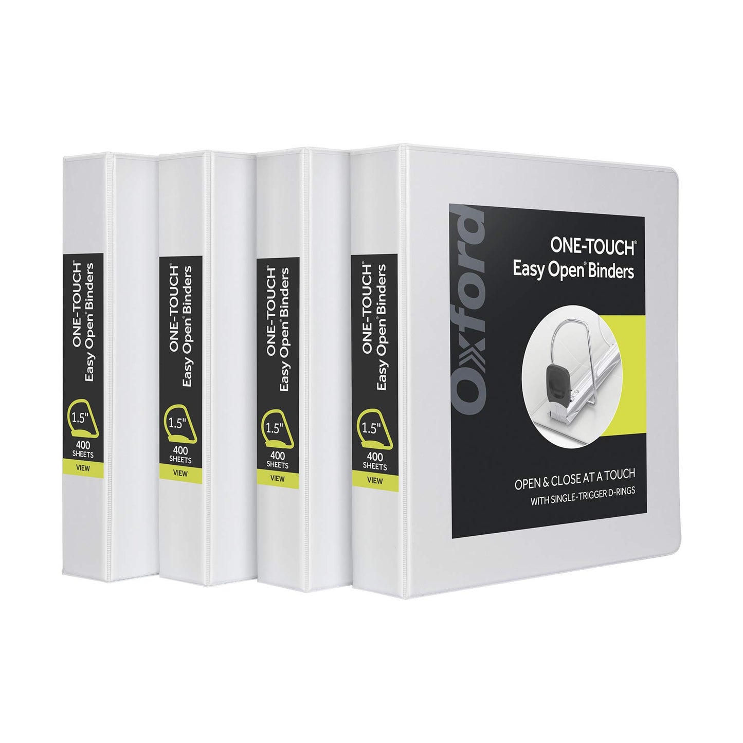 Oxford 3 Ring Binders, Binders for School and Office, 1.5 Inch ONE-Touch Easy Open D Rings, 3-Sided View Binder Covers, Xtralife Hinge, Non-Stick, PVC-Free, White, 375-Sheet Capacity, 4 Pack (79906)