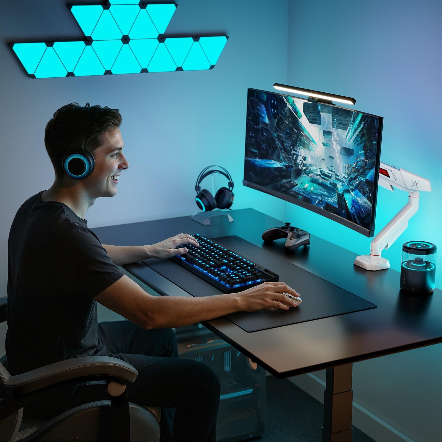 ARES WING Single Monitor Arm for 17-40 Inch Flat Curved Ultrawide Screens Up to 26.5lbs, Fully Adjustable Single Monitor Mount, C-Clamp & Grommet Base, 75/100 Vesa Mount, White