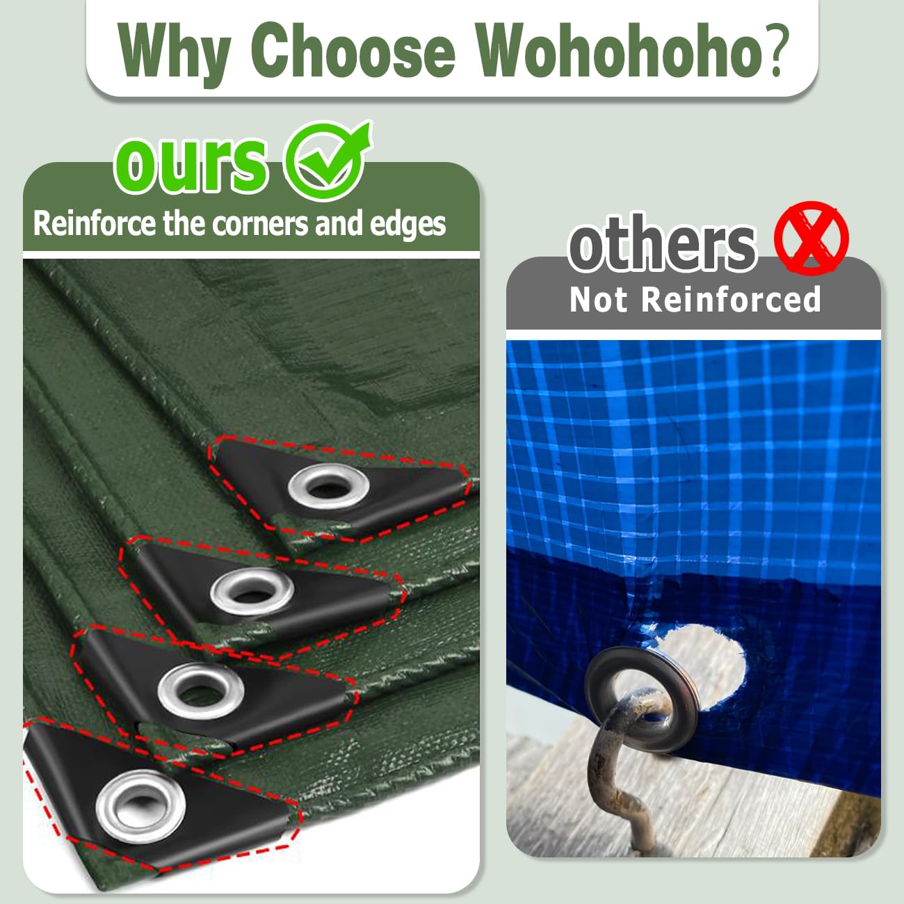 Wohohoho 120GSM Tarpaulin Waterproof Heavy Duty, 13.1 x 13.1 Ft Large Green Rainproof Tarp UV/Tear Resistant PE Tarpaulin Sheet Tent with Reinforced Eyelets, Cover for Pool, Caravan, Garden Furniture