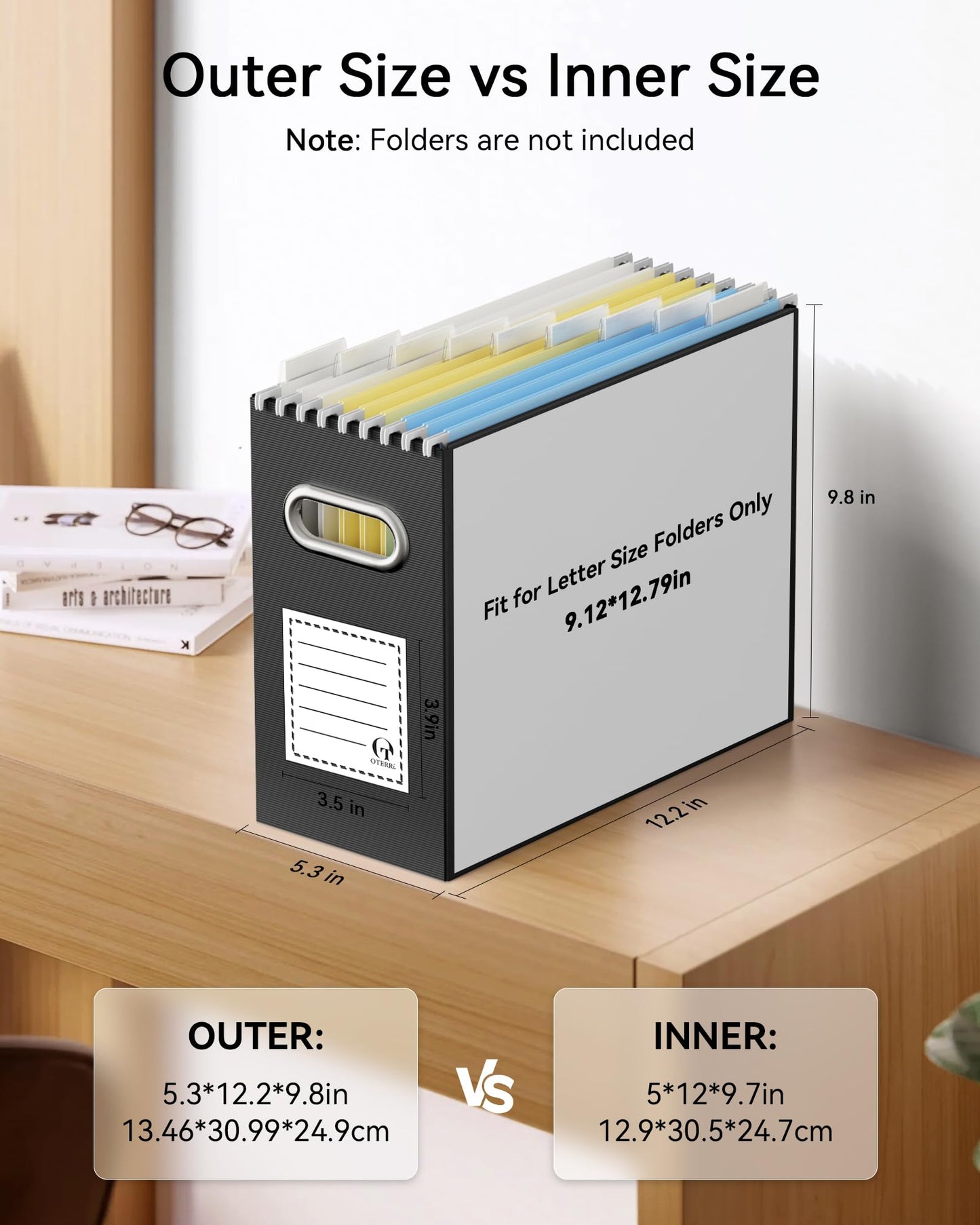 Oterri File Organizer for Hanging Folders Letter Size, Cardboard File Storage Box with Handle, File Box, Folder Organizer for Office, Home or School, 8 Packs, Black (No Folders)