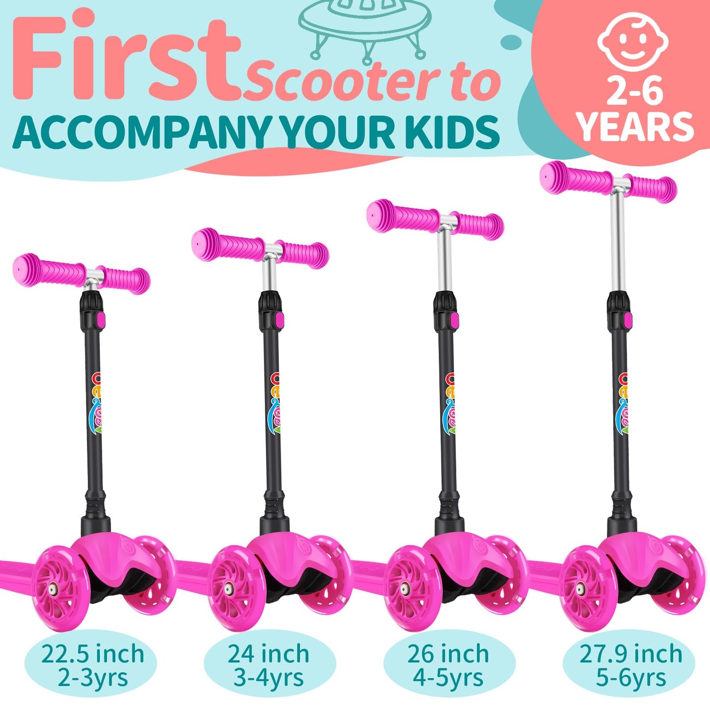BELEEV A1 Scooter for Kids Ages 2-6, 3 Wheel Kick Scooter for Toddlers Girls Boys, 4 Adjustable Height, Lean to Steer, Light up Wheels, Wide Deck, Easy to Assemble, Lightweight Scooter for Children