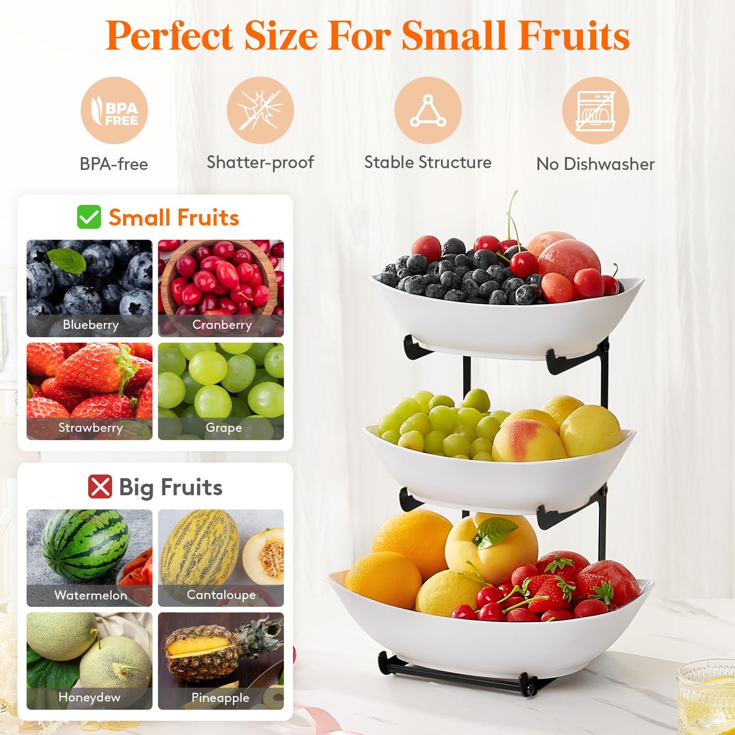 Lifewit Plastic Fruit Bowl Basket for Kitchen Countertop, 3 Tier Fruit Holder with Black Metal Stand, Serving Tray for Food, Vegetable, Cake, Dessert in Party