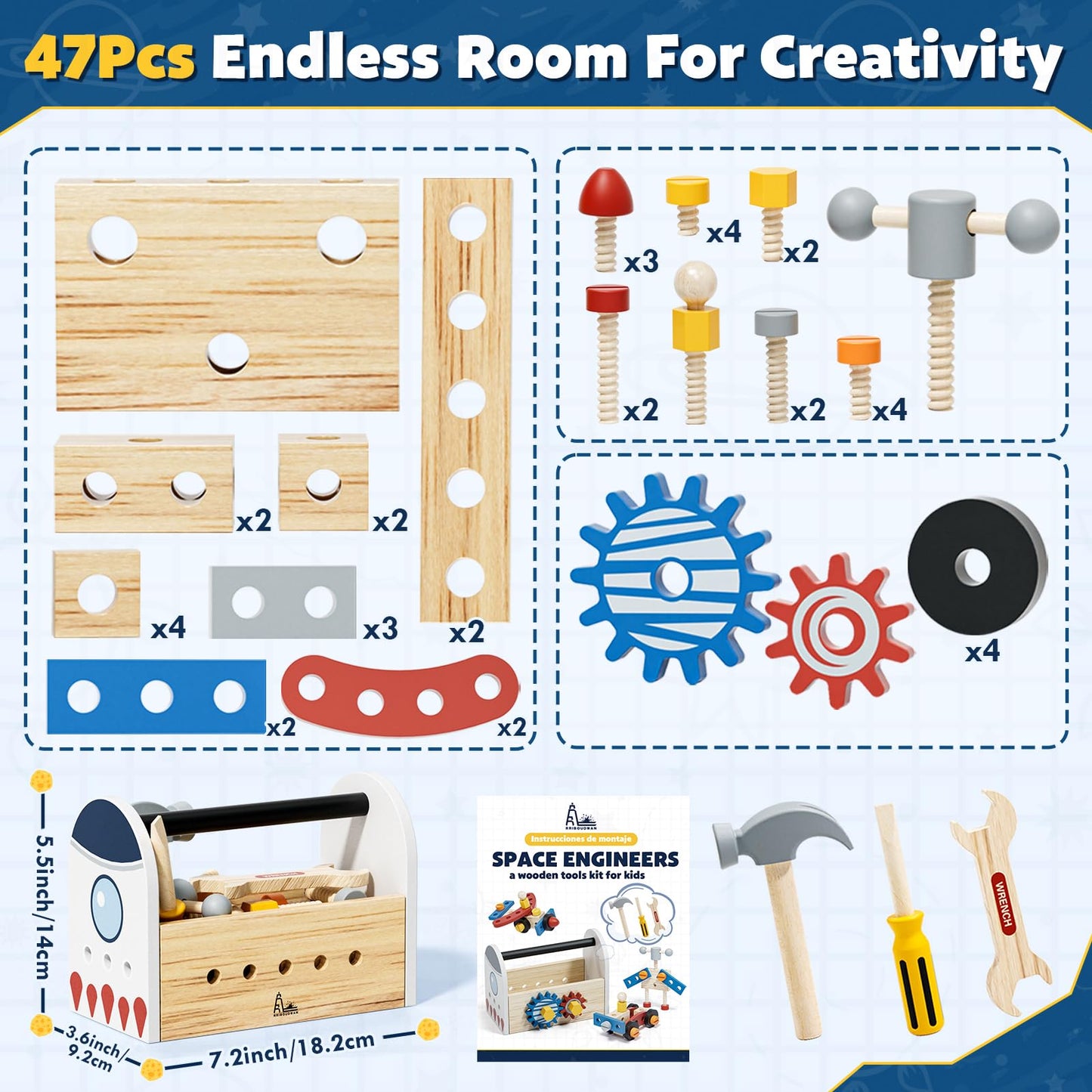Wooden Kids Tool Set, 2 Year Old Boy Toys, Space Theme Construction Toys, Birthday