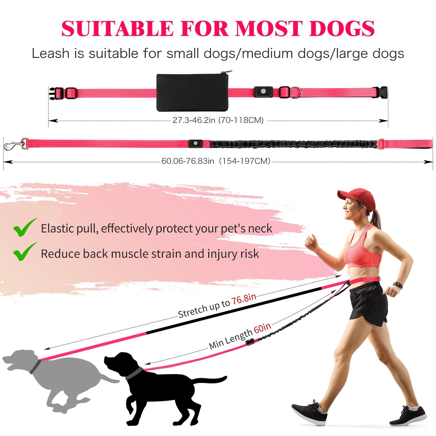 Vizbrite LED Hands Free Dog Leash, Waist Leash for Dog Walking, Retractable Bungee Light Up Dog Leash, Reflective Running Leash for Jogging, Training, Hiking