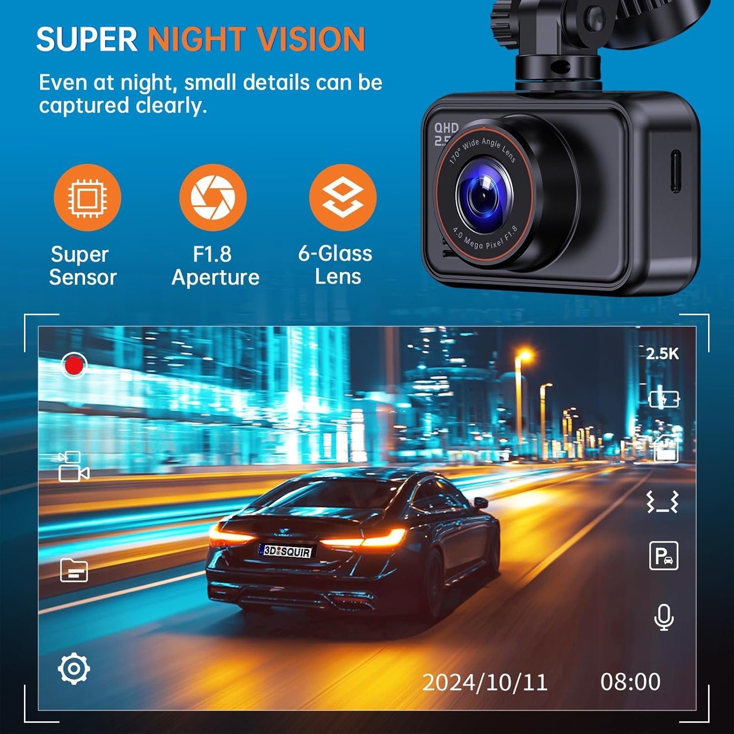 Dash Cam Front and Rear Camera, 2.5K+1080P QHD Dual Channel Dashcam for Cars, Mini Car Camera, 2 inch IPS Screen, 32GB Card Included, WDR Night Vision, 24 Hours Parking Monitor, G-Sensor