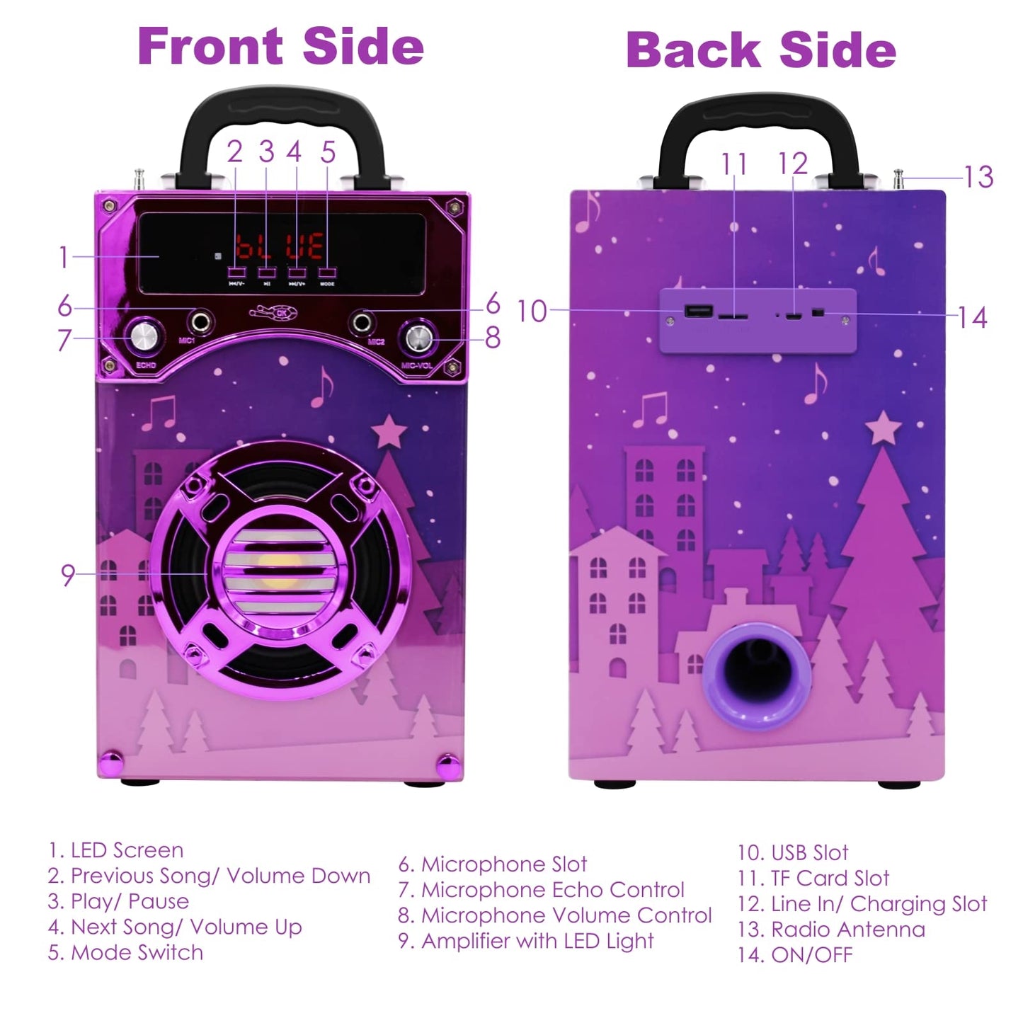 IndeCool Kids Bluetooth Karaoke Speaker with 2 Microphones, Remote Control Speaker Portable Karaoke Machine for Kids Adult Party Gift (Purple)