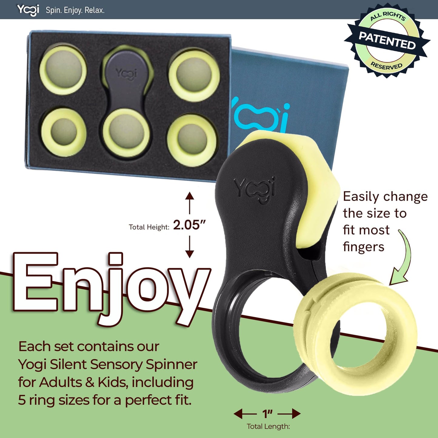 Yogi Fidget Toy, Stress Reducer, Perfect for ADHD, ADD, Anxiety and Autism, for Kids and Adults, Sensory Gadget, Fidget Spinner with Five Ring Sizes, Easy to use and Fun (Black & Blue (2 Pack))
