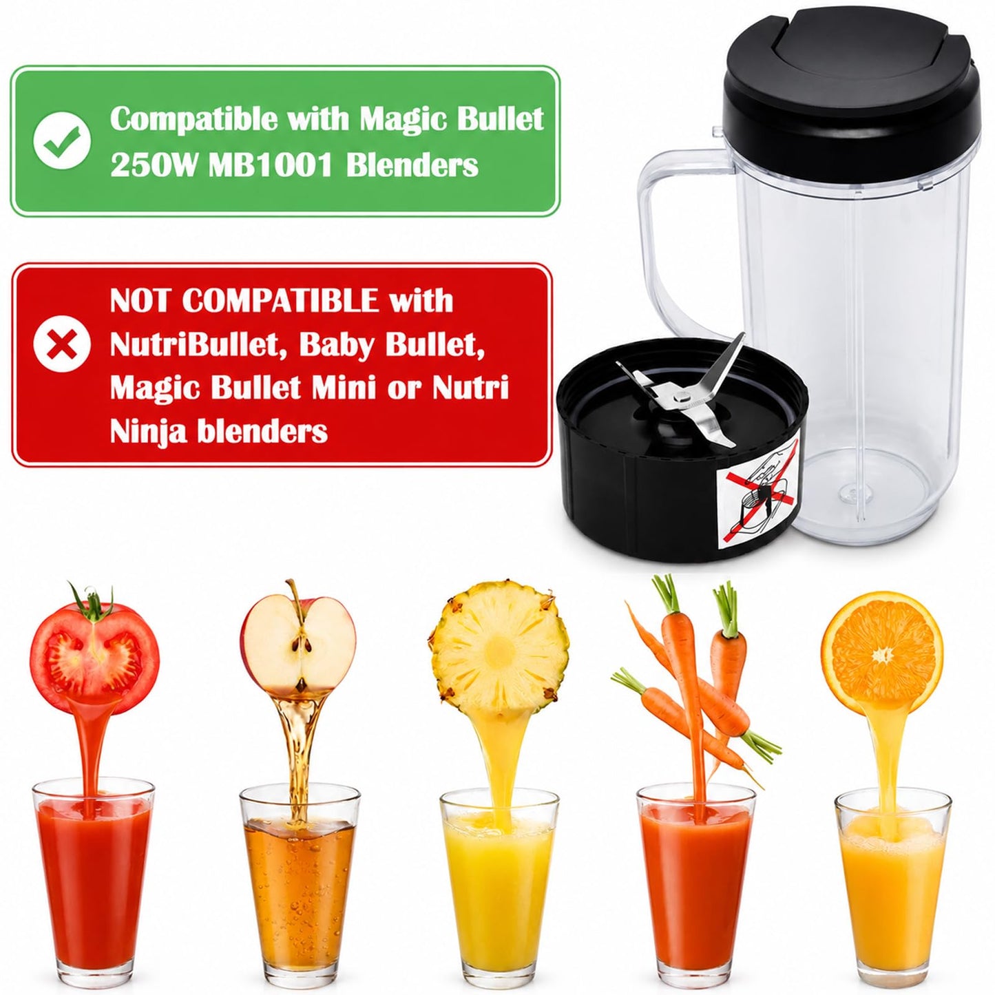 22oz Cups and Blade Compatible with Magic Bullet Blender, Tall 22oz Cup with Flip Top to-Go Lid Replacement Parts Compatible with Magic Bullet 250w MB1001 Juicer Mixer