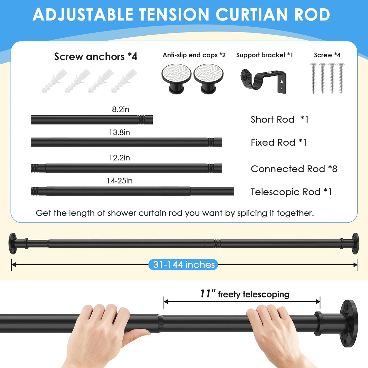 Outdoor Curtain Rod 31-144 inch Adjustable Long Spring Black ShowerTension Curtain Rod Extra Long Outdoor Rods for Patio Bathroom Windows No Drilling, No Rust