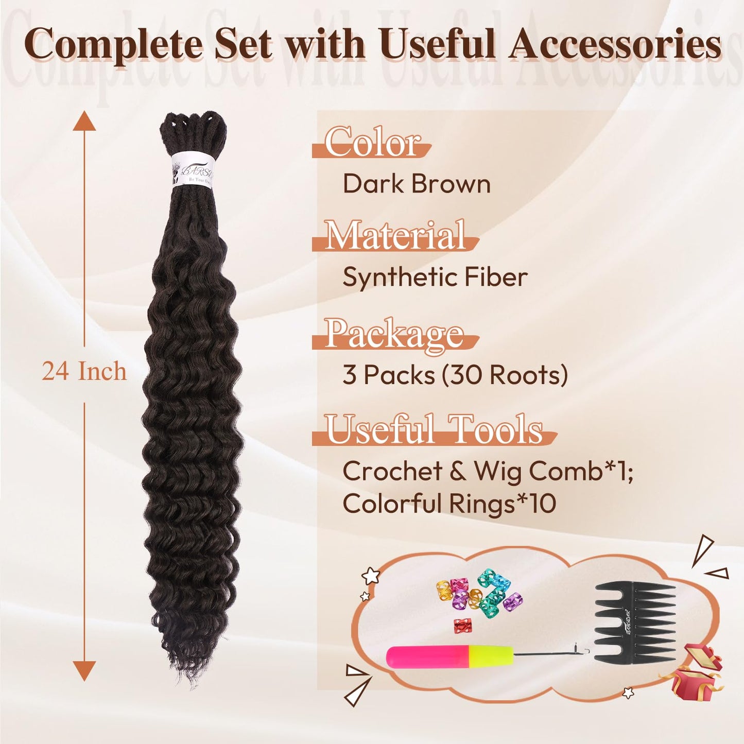 BARSDAR Deep Faux Locs Crochet Hair - Long Goddess Dreadlocks Wavy Crochet Hair for Black Women, 24 Inch 3 Packs Synthetic Soft Faux Locs with Curly Ends Crochets Dreads Pre Looped - Dark Brown