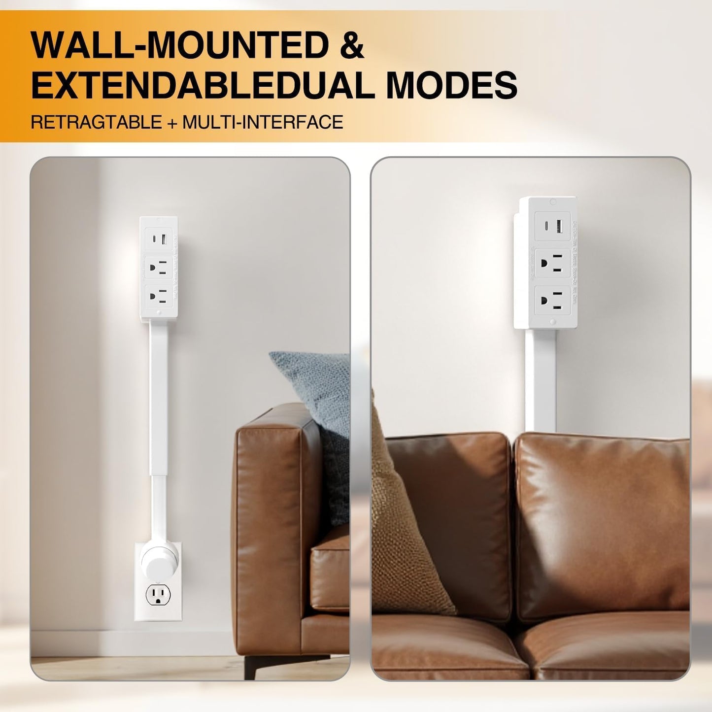 Electrical Outlet Extender Features USB-A, USB-C, and 2 AC Electrical Outlet Extender Stick for Hard to Reach Spaces Extends 17"-27", Rotates 180°. Use Behind Couches, Nightstands, Desks (1PCS)