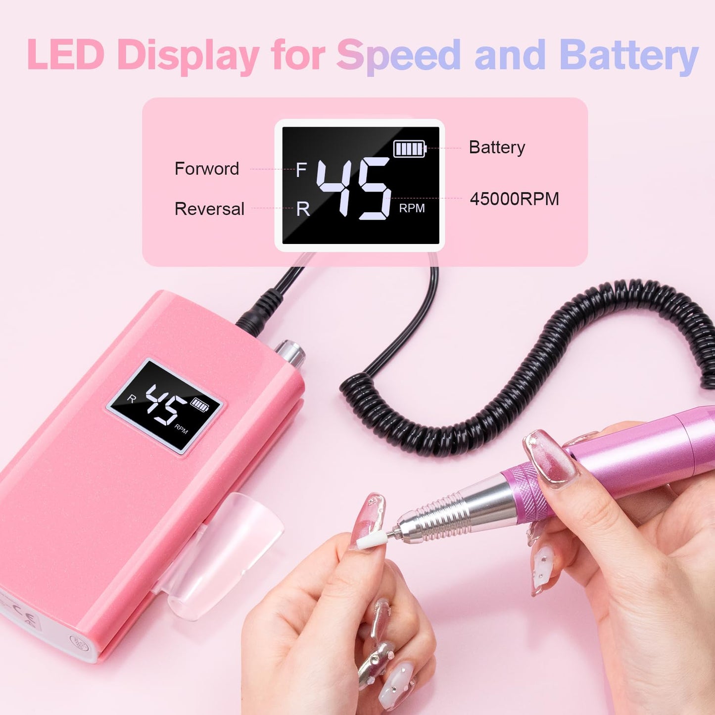 Beloving Portable Nail Drill Professional, 45000RPM Rechargeable Nail Drill Electric File Machine for Acrylic Gel Polish Remover, Cordless Nail Kit for Manicure Pedicure with 11 Bits for Salon Home