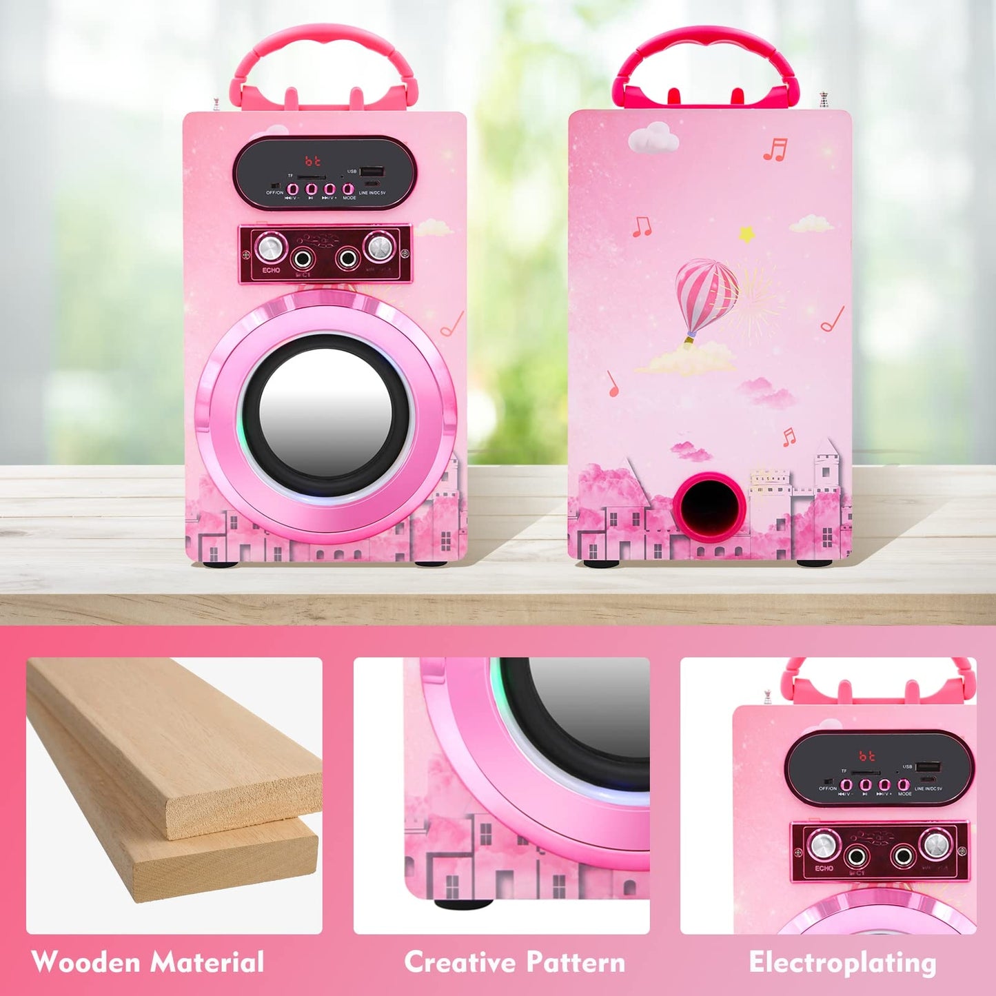 IndeCool Kids Bluetooth Karaoke Speaker with 2 Microphones, Remote Control Speaker Portable Karaoke Machine for Kids Adult Party Gift (Pink)