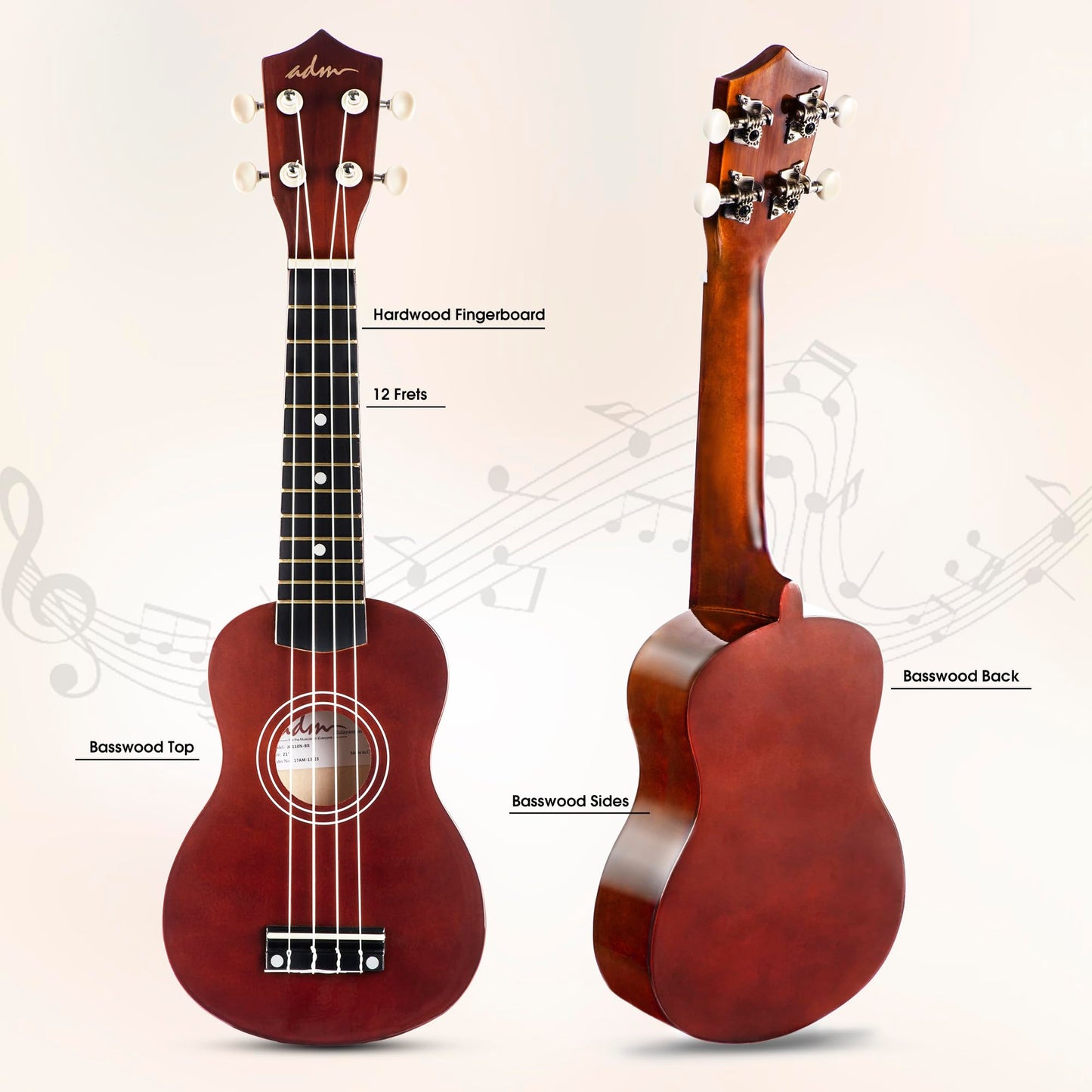 ADM Soprano Ukulele for Beginners 21 Inch Hawaiian Wood Ukelele Kit for Adult Student Starter Professional Ukalelee Pack Bundle with Free Lessons Gig Bag Strap Nylon String Tuner Pick, Brown