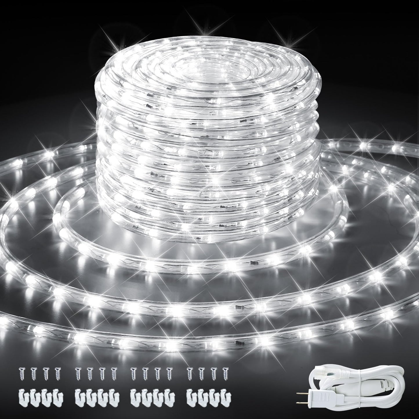 33ft/10m LED Rope Lights,360 LEDs,Cool White,Waterproof,Indoor Outdoor Clear Tube Light Rope and Light Strip,Plugin 110V,Connectable Decorative Lighting for Valentine's Day,Deck,Patio,Wedding (6000K)