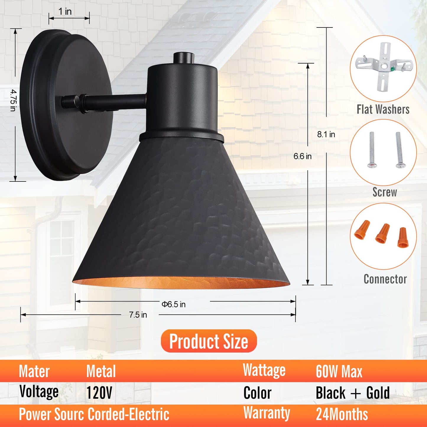 2 Pack Outdoor Wall Sconces - Wall Lights Fixture Exterior Farmhouse Porch Light with Hammered Metal Shade, Anti-Rust Waterproof Black Outside Barn Light for Front Porch Patio Garage Gazebo House