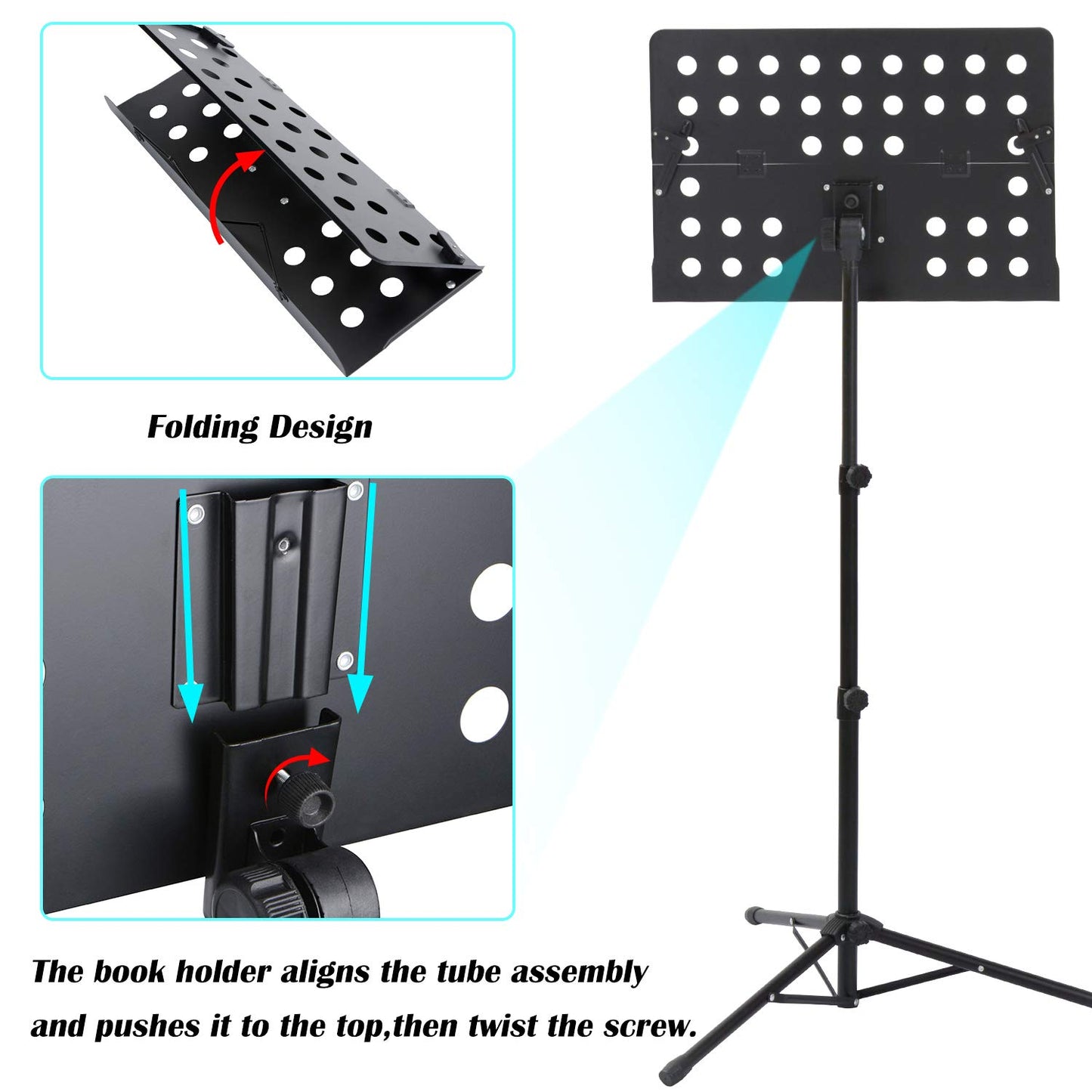 Klvied Folding Sheet Music Stand with Violin Hanger, Portable, Black