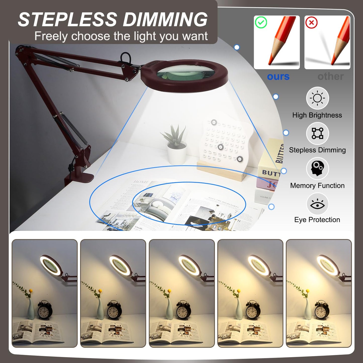 5 Inch Large Magnifying Glass with Light and Stand, 5 Color Modes Stepless Dimmable, Long Swivel Arm LED Clamp Desk Lamp, Hands Free 10X Lighted Magnifier for Close Work Craft Hobby Soldering - Red
