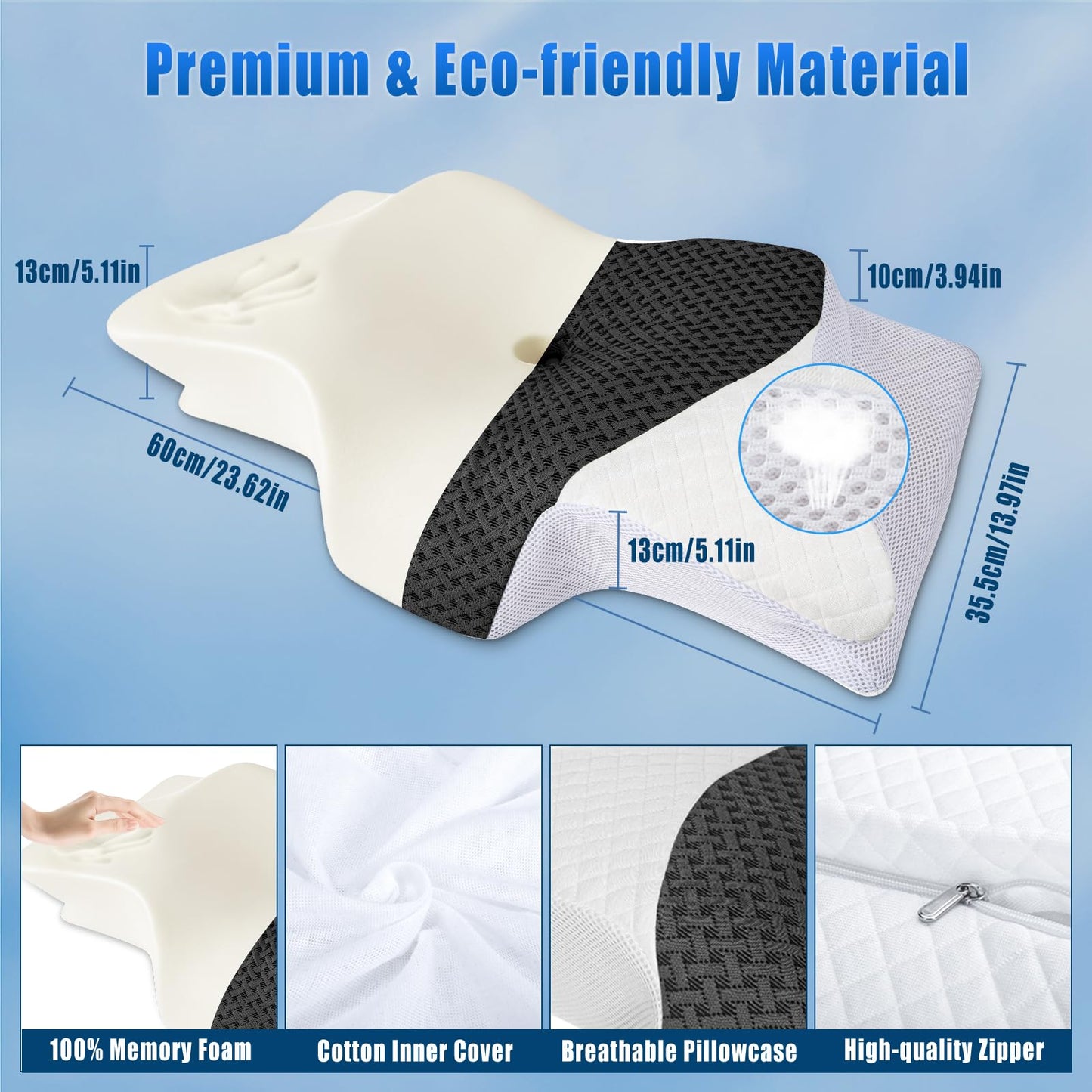 SAHEYER Cervical Pillow for Neck Pain Relief, 2 in 1 Ergonomic Memory Foam Neck Pillow, 2 Heights Adjustable Orthopedic Support Pillow for Side, Back and Stomach Sleepers, 23.6x14x3.9/5.1 inch, Gray