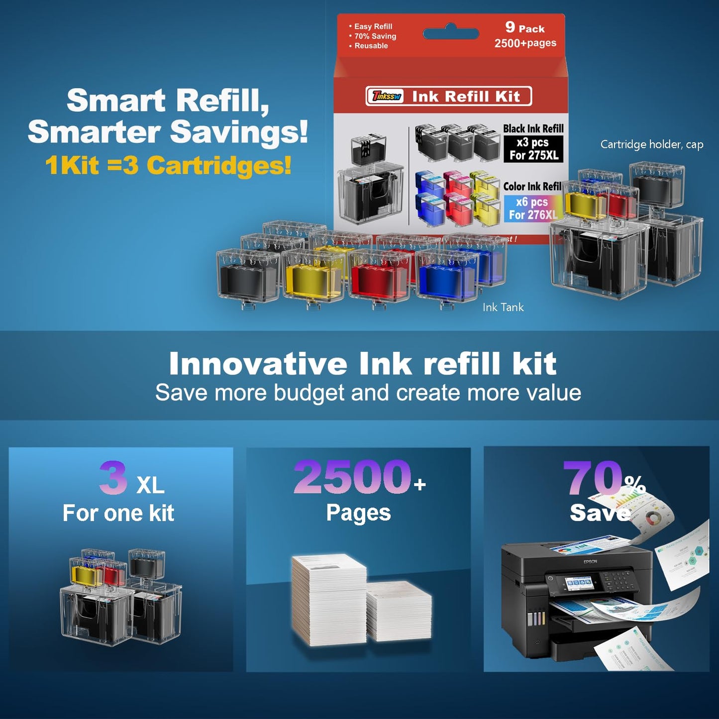 275XL 276XL Ink Refill, Compatible for Canon 275XL 276XL Ink Cartridges with Canon TS3720 TR4720 TR4700 TR4723 TR4722 TS3500 TS3520 TS3522 (9-Pack, Black, Cyan, Magenta, Yellow)