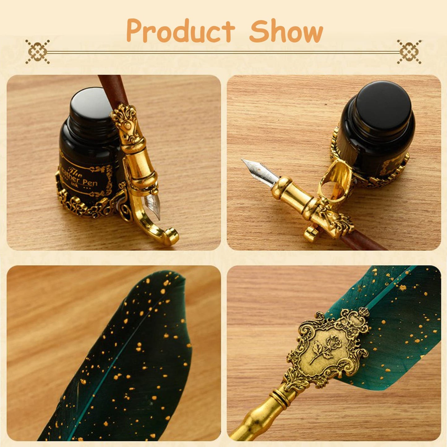 Joyeee Feather Calligraphy Pen and Ink Set, with Vintage Writing Quill Pen, Glass Dip Pen, Wooden Dip Pen, Pen Nibs, Pen Holder, Cup, Wax Beads, Seal Stamp, Melt Spoon and Gift Boxes #83