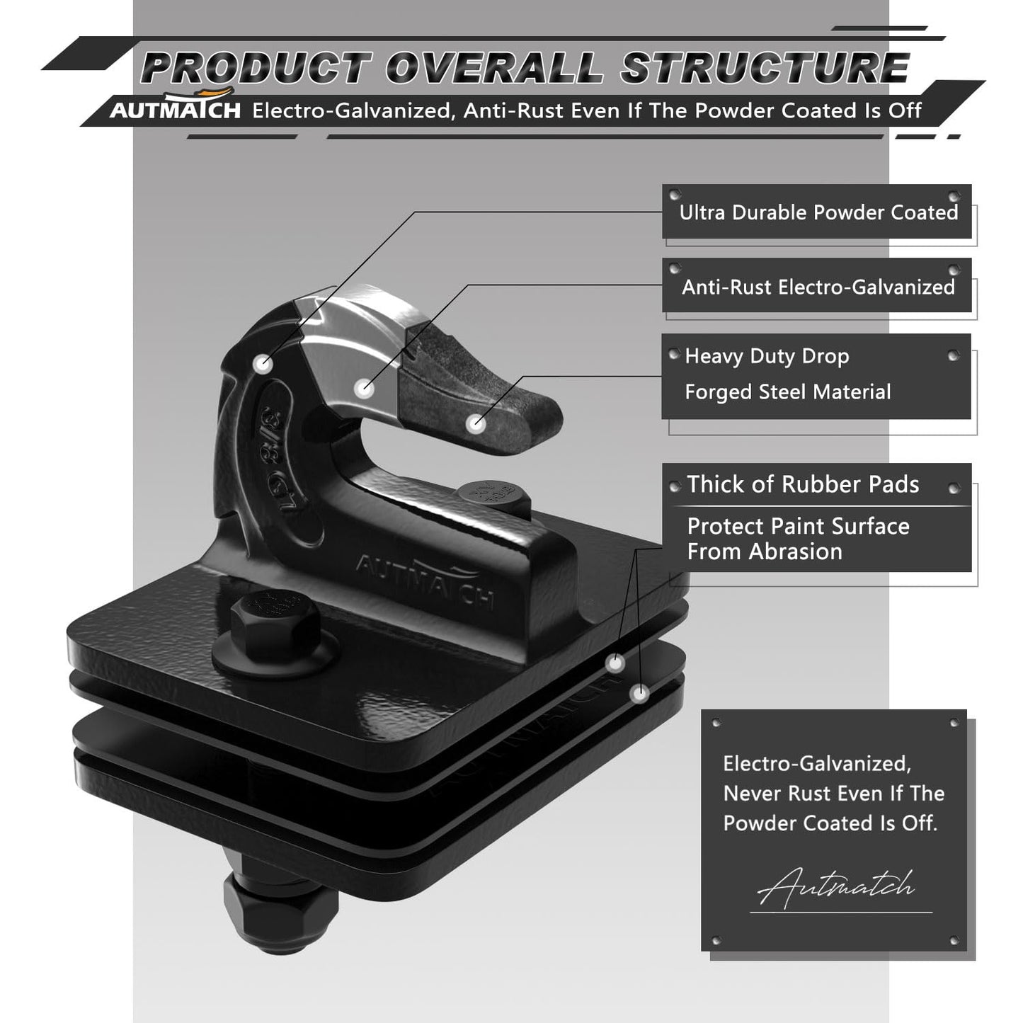 AUTMATCH Tractor Bucket Grab Hook 3/8" - Grade 70 Forged Steel Bolt On Grab Hook (2 Pack) - Max 18,000Lbs Tow Hook Mount with Backer Plate & Rubber Pads, Work for Tractor Bucket, Truck, RV, UTV, Black