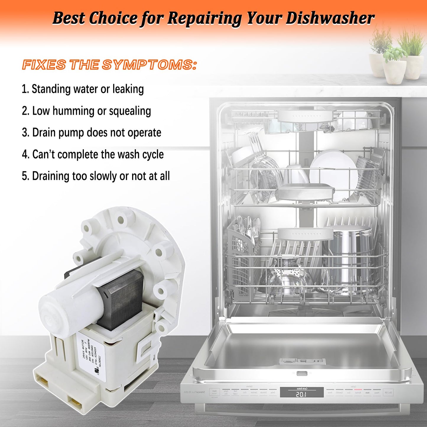 A00126401 Dishwasher Drain Pump for Frigidaire Dishwasher Pump Replacement Parts 154736201 5304492415 AP5690431
