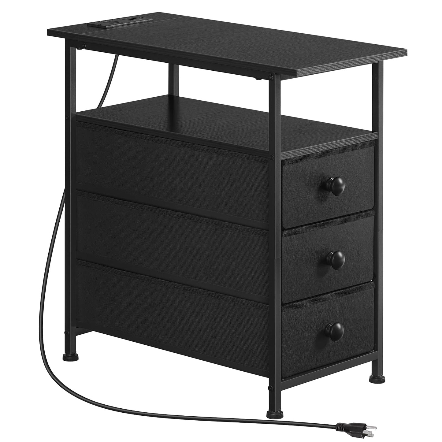 HOOBRO End Table, Narrow Side Table with Charging Station, Nightstand with 3 Non-Woven Fabric Drawers, Bedside Table for Small Spaces, for Living Room, Bedroom, Black BB483UBZ01