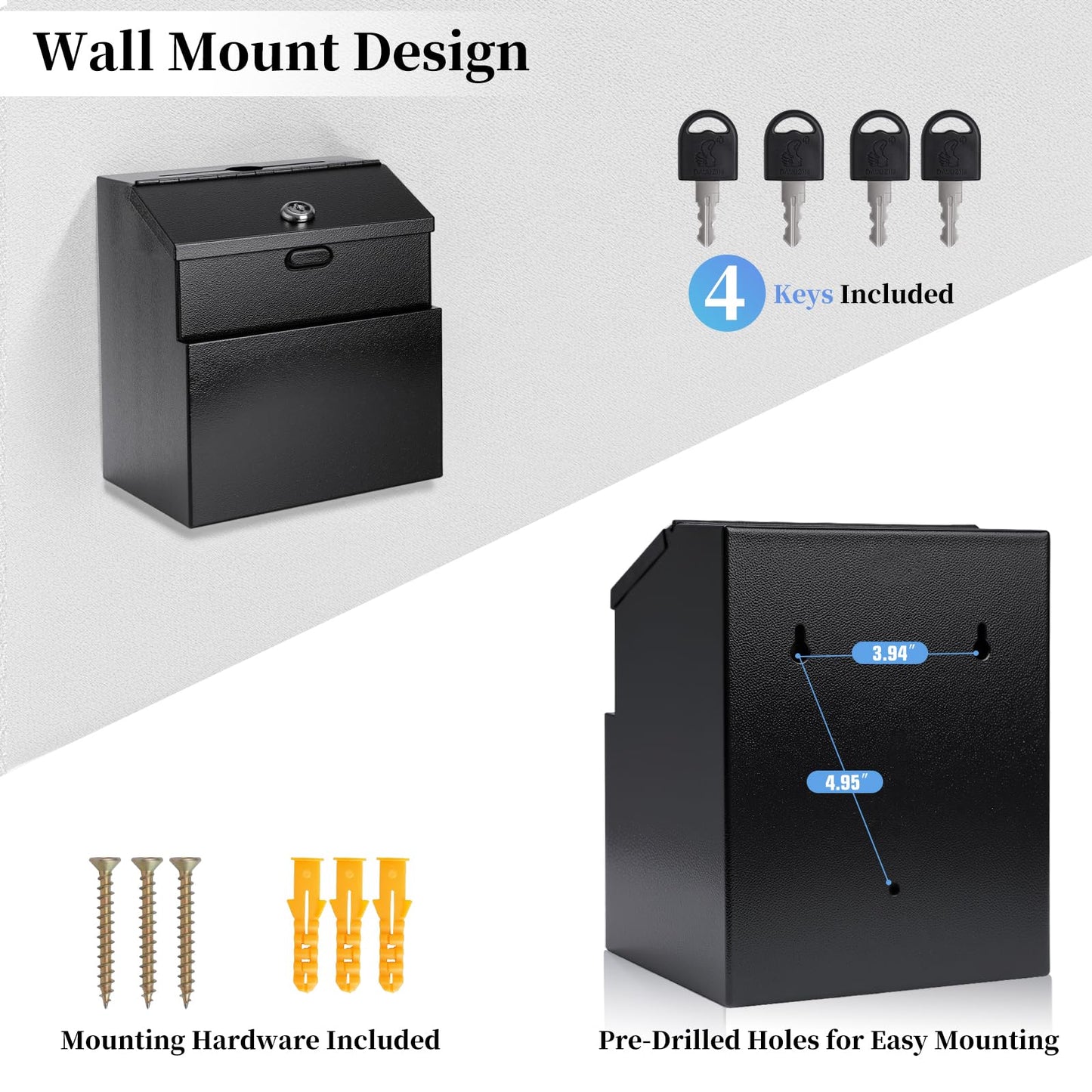 Suggestion Box with Slot and Lock Donation Box with 4 Keys Metal Ballot Box Wall Mount Black