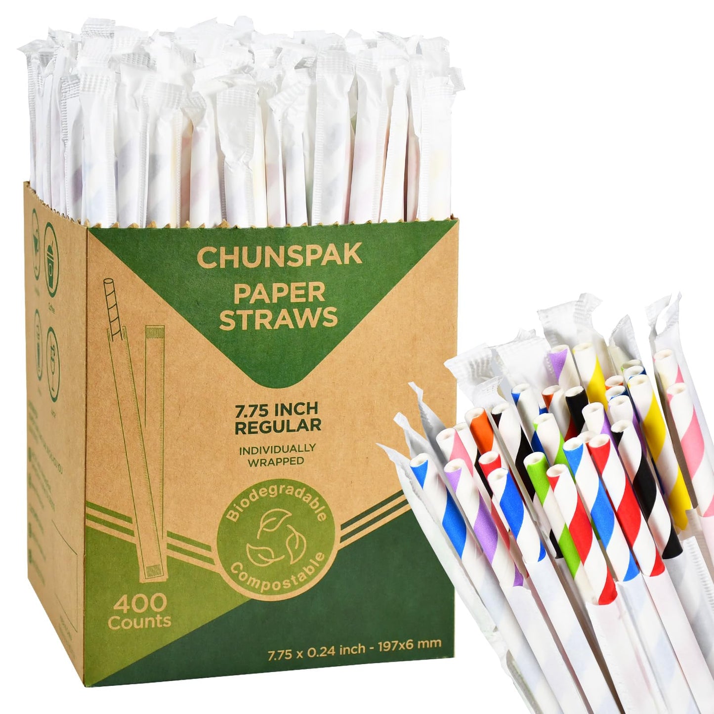 Chunspak Individually Wrapped Disposable Paper Drinking Straws 7.75'' x 0.24'' - Assorted Colors [400 Counts]