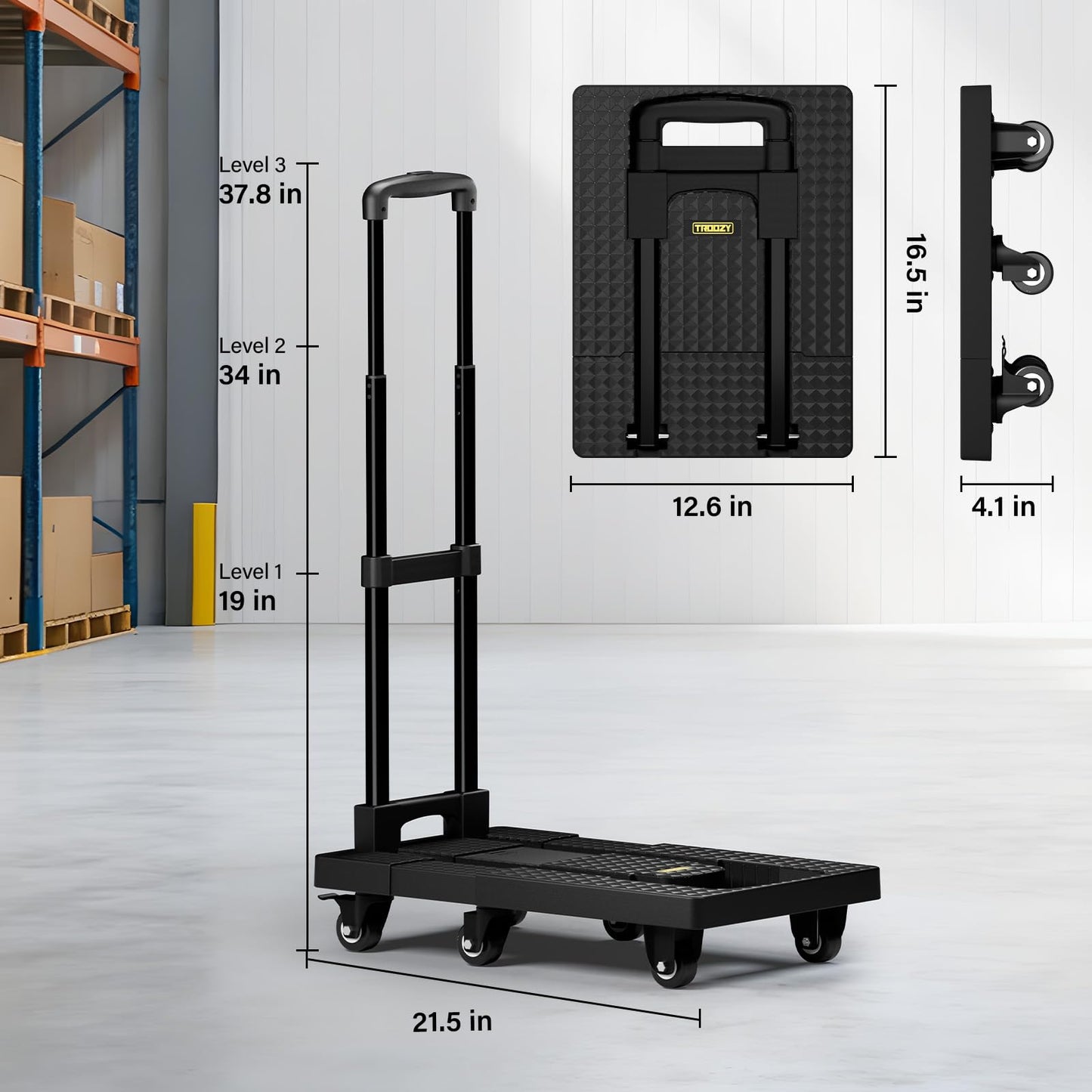 Folding Hand Trucks, Heavy Duty Dolly Cart with 6 Wheels & 2 Elastic Ropes, Foldable & Ideal for Luggage, Travel, Moving, Shopping, Office Use, Hold Up to 500 LB, Easy to Store, Black